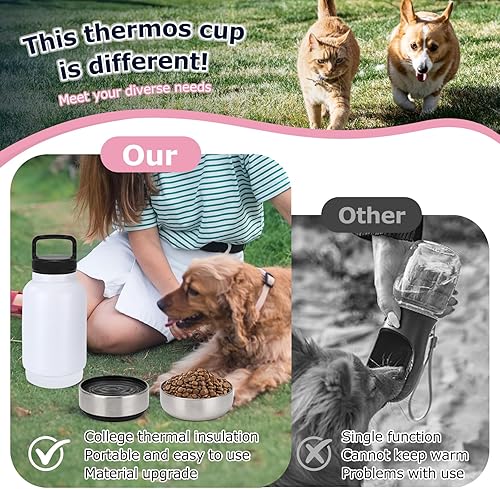 Miniatura 5 de Botella de agua de viaje para perros, botella de agua de acero inoxidable 3 en 1 aislada para perros, dispensador de viaje portátil con 2 cuencos