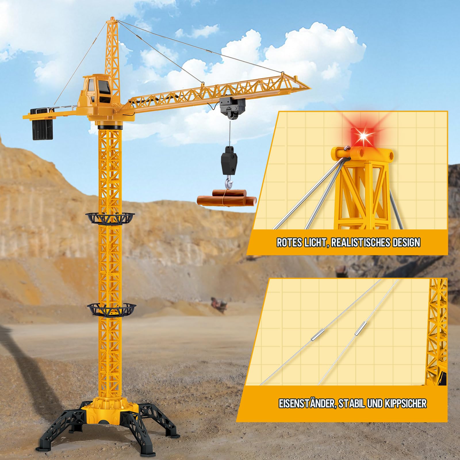 JONRRYIN Ferngesteuerte Turmkran 138 cm Höhe, 2,4 Hz 6 Kanäle RC Kran, 680 Grad Rotation Ferngesteuerte Baukran Tower Crane mit Lichter für Kinder (Gelb)