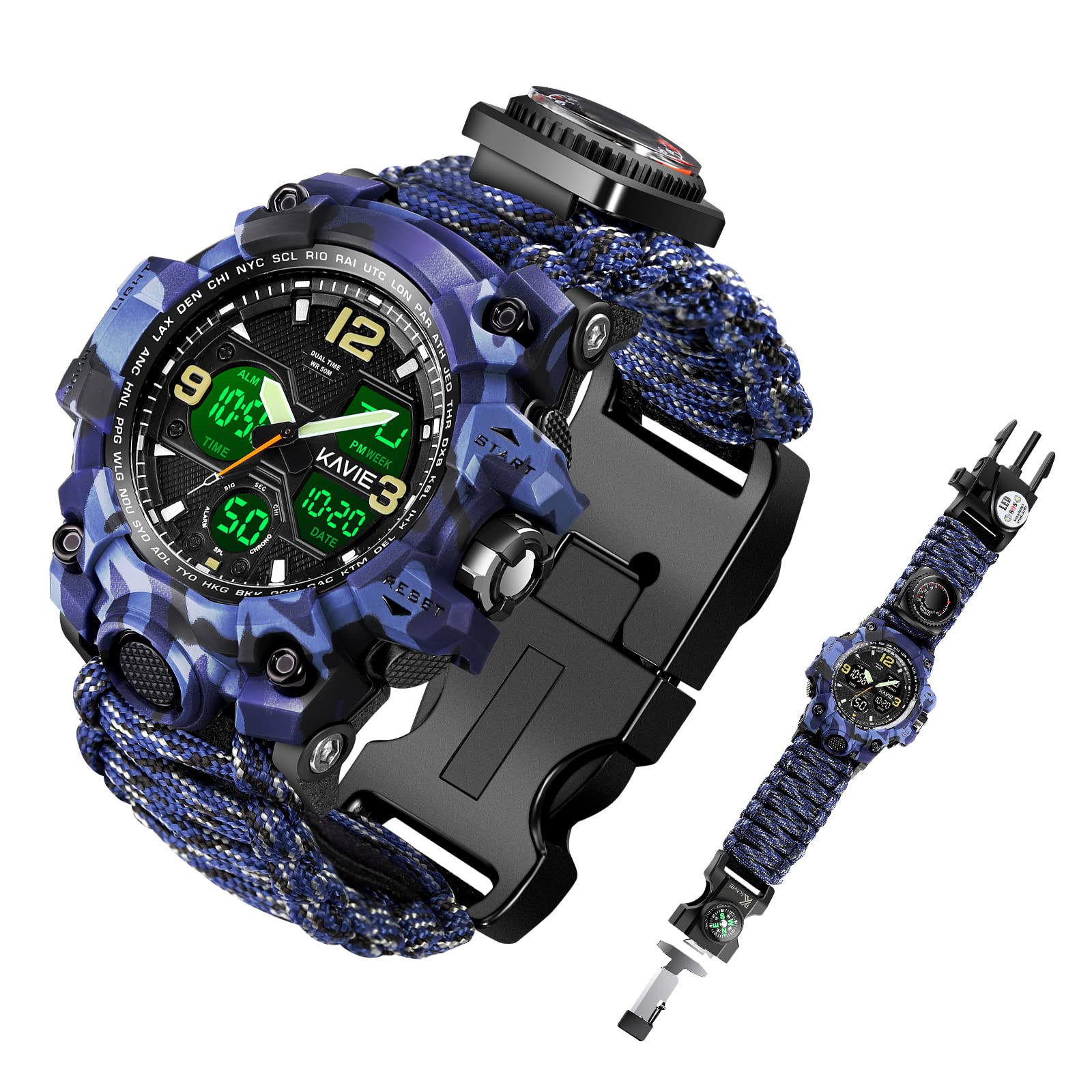 KavieMens Tactical Military Digital Watch, 23-in-1 Survival Multi-Functional Army Outdoors Waterproof Camouflage Sports Watches Dual Display Analog LED Electronic Wristwatches with Compass Paracord Band