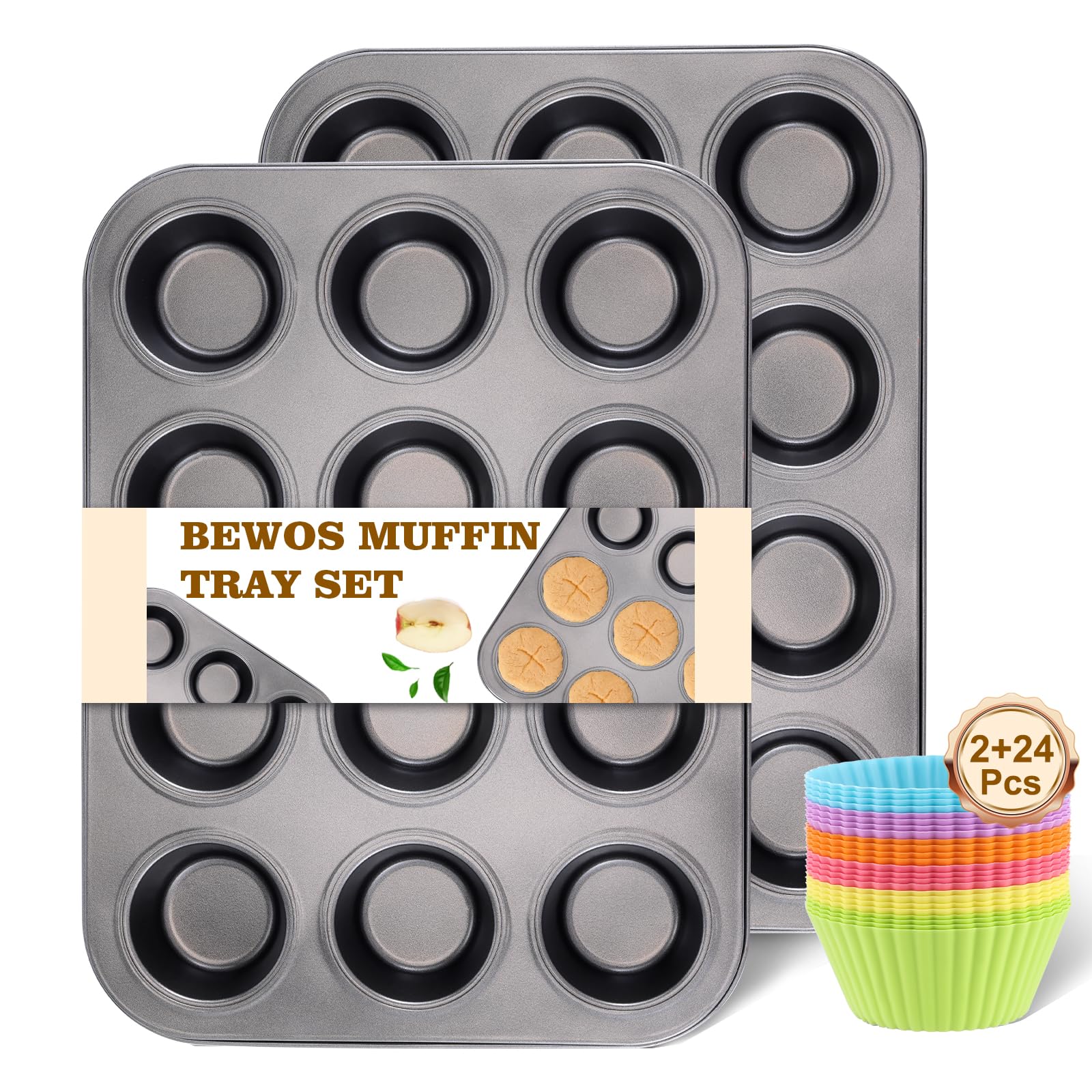 BEWOS 2 Pack Non-Stick Muffin Trays - 12 Cup Carbon Steel Cupcake Trays with 24 Reusable Silicone Cases, Dishwasher Safe Muffin Trays, Baking Moulds for Muffins or Cupcake（Grey）