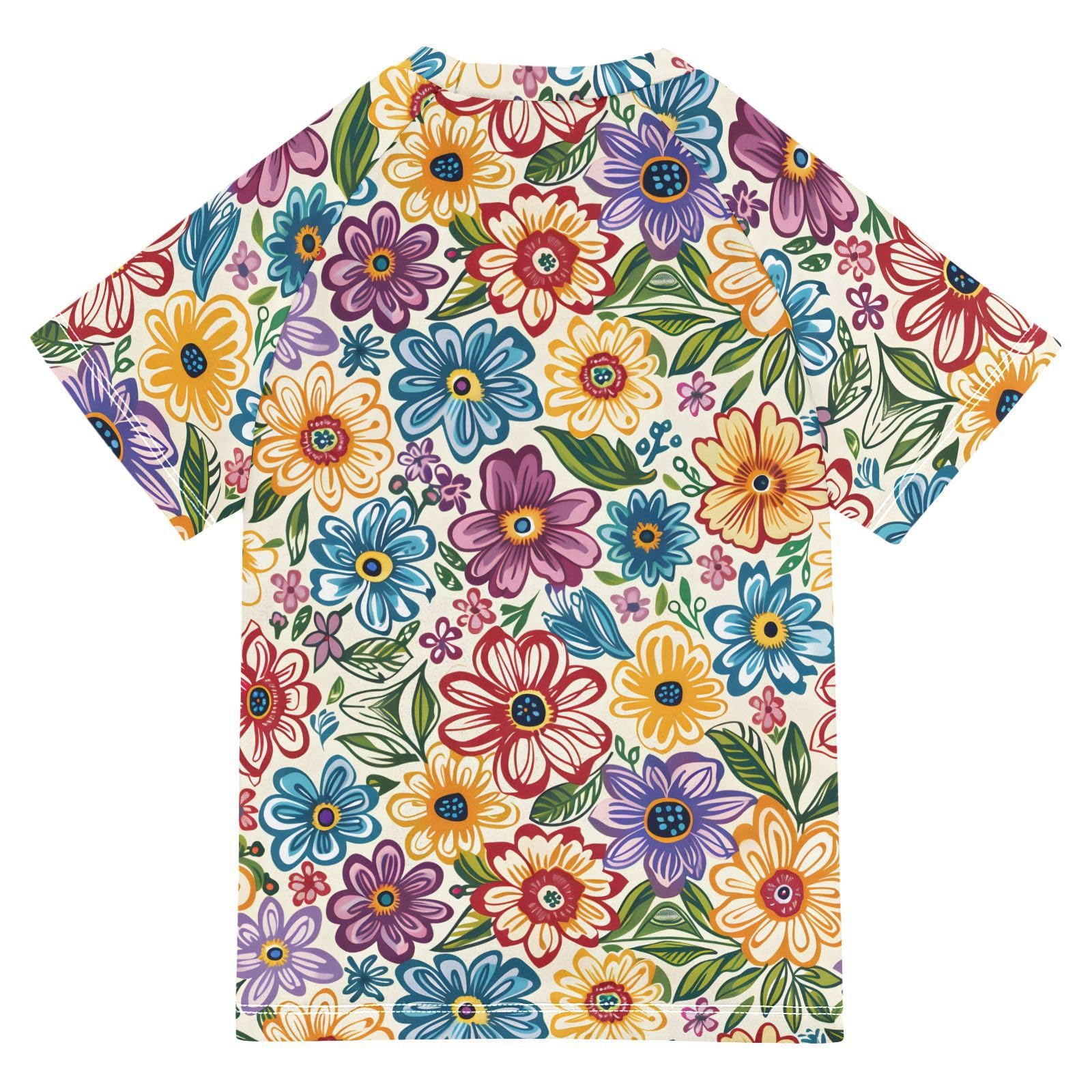 ALAZA Boys Swim Shirts Toddler Rash Guard Short Sleeve Rashguard Colored Flowers Print UPF 50+ 11-12T