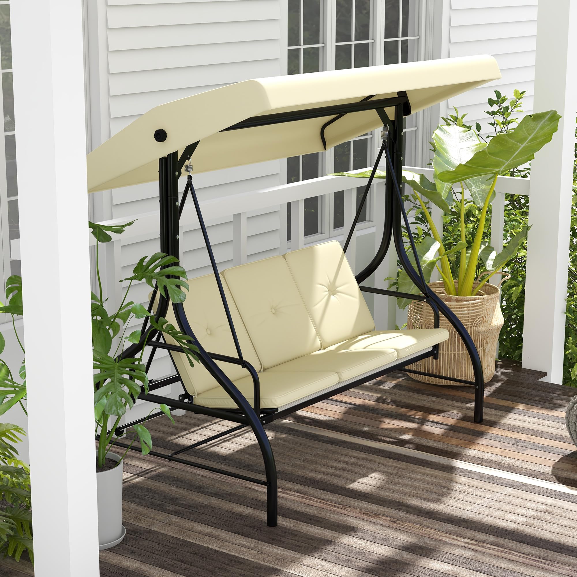 Outsunny Dondolo da Giardino 3 Posti, Dondolo Letto per Esterni con Tettuccio Regolabile, in Metallo e tessuto Teslin, Beige e Nero