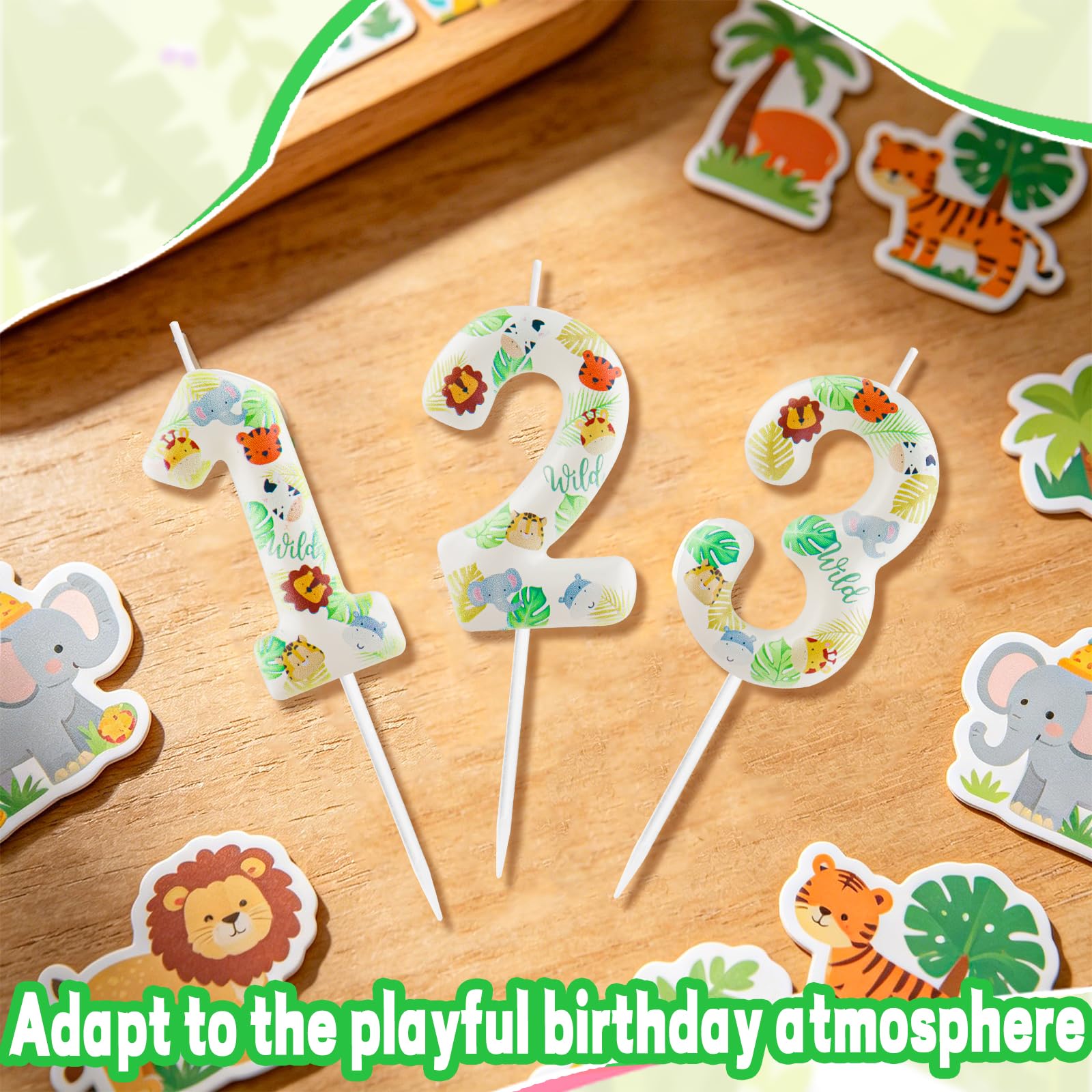 Yiran Safari Animal Number 2 Birthday Candle, Wild One Jungle Themed Cake Topper, Tropical Palm Leaf Party Decorations for 2nd Birthday Boys Girls Baby Shower — view 4