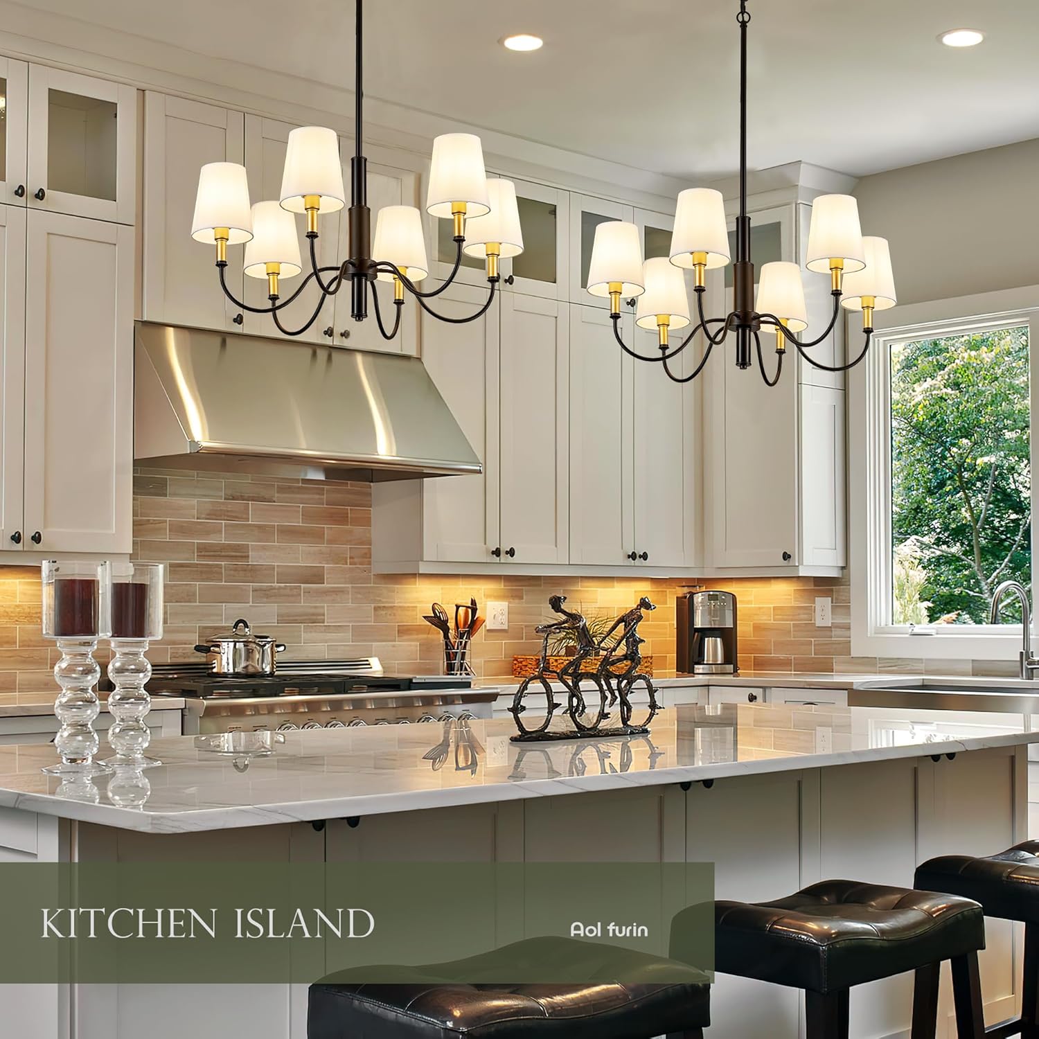 6-Light Black Modern Chandelier with White Fabric Shade, 30" Farmhouse Pendant Ceiling Light Fixture for Dining Room Foyer Living Room