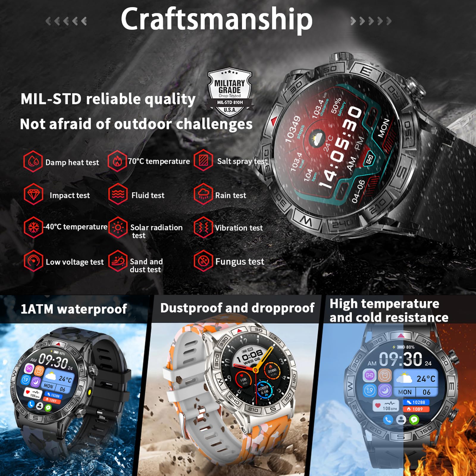 findtime Reloj inteligente militar para hombre con función de teléfono, brújula, altímetro, barómetro, 1,43 pulgadas, AMOLED resistente, reloj de correr para exteriores para Android iOS