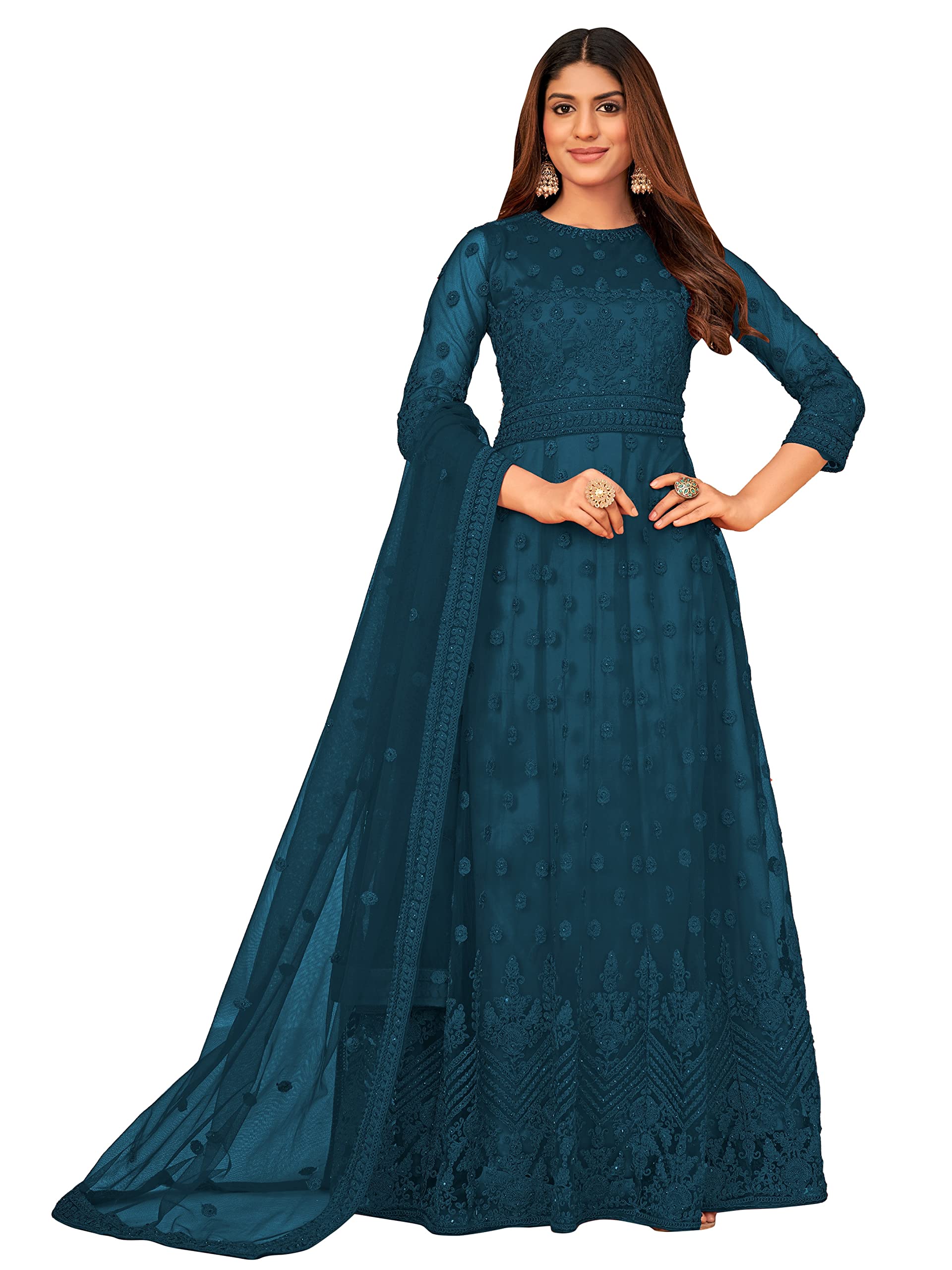 Divine International Trading CoWomen's Net with Heavy Embroidery Work Long Anarkali Gown Lehenga Choli