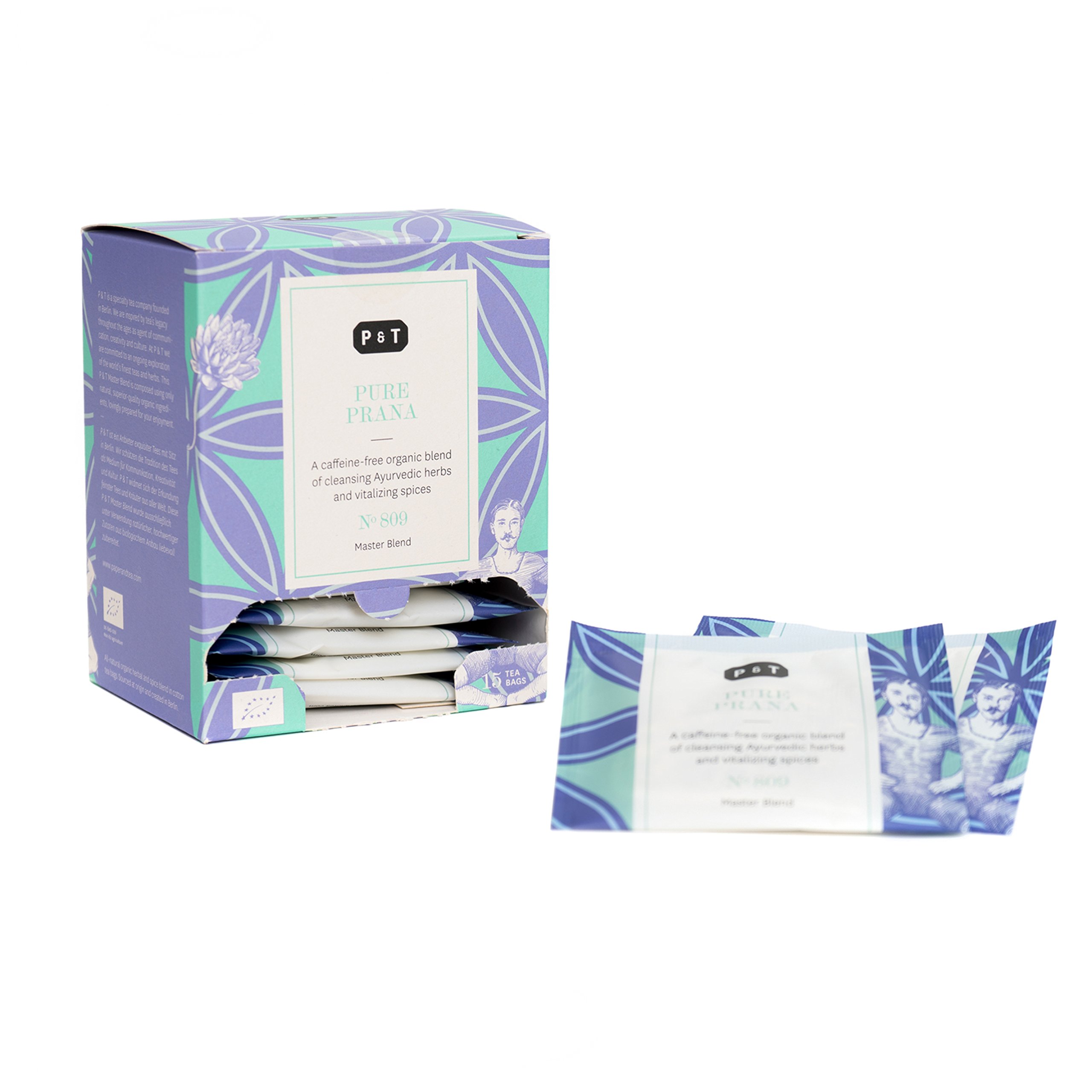 P & T Pure Prana, Organic Herbal Tea Master Blend, Ayurvedic Chai Style Mix of Herbals and Spices, Caffeine Free, 15 Cotton Tea Bags (45g / 1.6oz)
