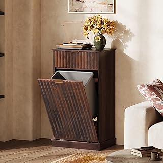 WLIVE 10 Gallon Trash Can Cabinet, Tilt Out Garbage Can Cabinet with Storage Drawers,Food/Clothes Storage Pet Proof Wooden Trash bin, Hidden Laundry Hamper for Kitchen, Home, Laundry (Brown)
