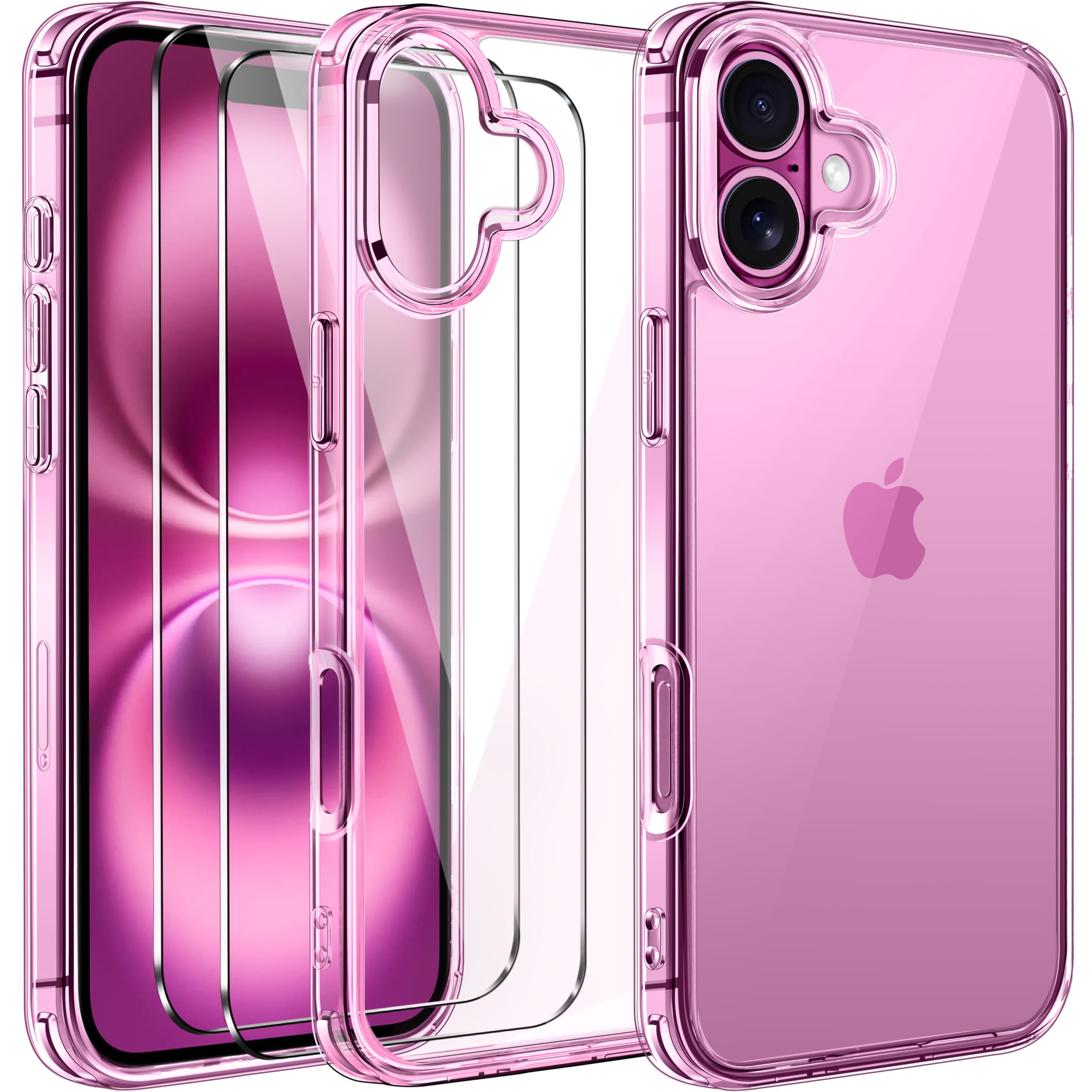iVoler Anti Ingiallimento Chiaro Cover per iPhone 16 con 2 Pezzi Pellicola Vetro Temperato e Cornice di Installazione, [Antiurto di Grado Militare] Custodia Trasparente Sottile Case-Rosa