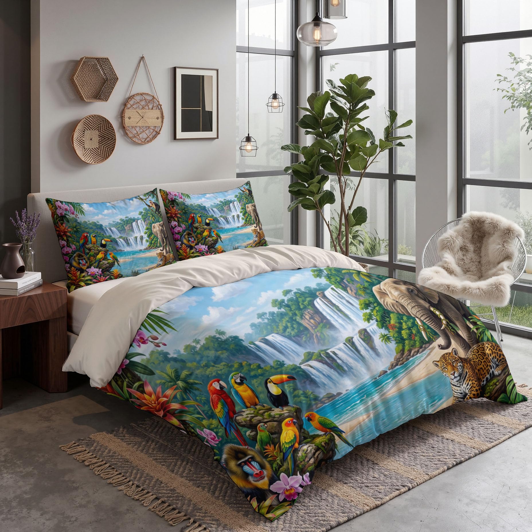 Housse de Couette 140x200cm pour 1 Personne Paysage Rivière Cascade | Parure de Lit Réversible Jungle Tropicale Fantastique, Ensemble de Literie en Microfibre Douce avec 1 Taies d'oreiller