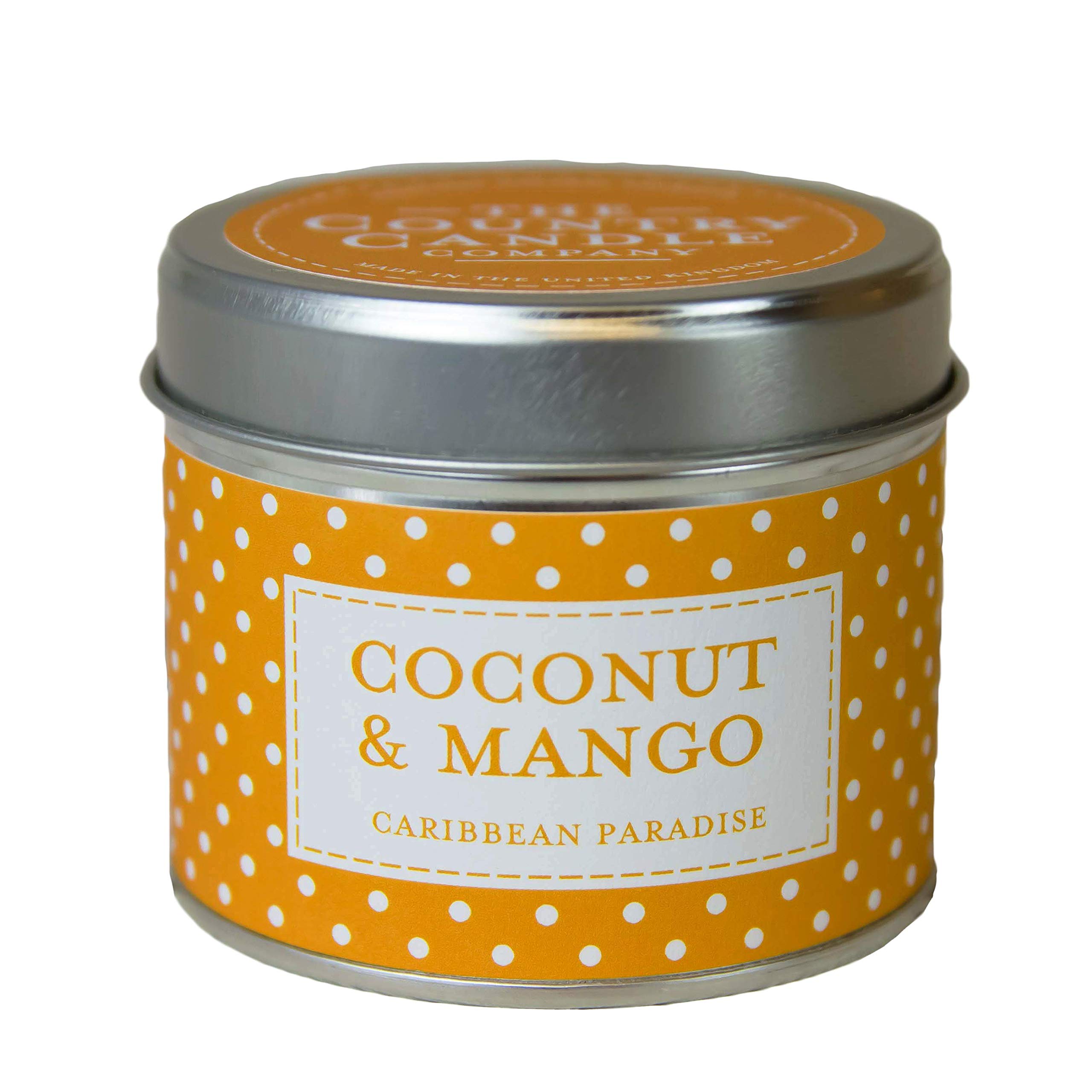 The Country Candle Company Polka-dot Tin Candle – Coconut and Mango Scented, Up to 35 Hours Burn Time