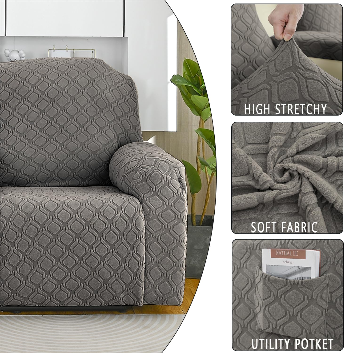 ele ELEOPTIOIN Copripoltrona Relax Reclinabile, fodera per divano 1 posto Copri Poltrona, 4 Pezzi jacquard con Tasche, per Poltrona reclinabile, Poltrona di Relax, Poltrona da Massaggio, Taupe