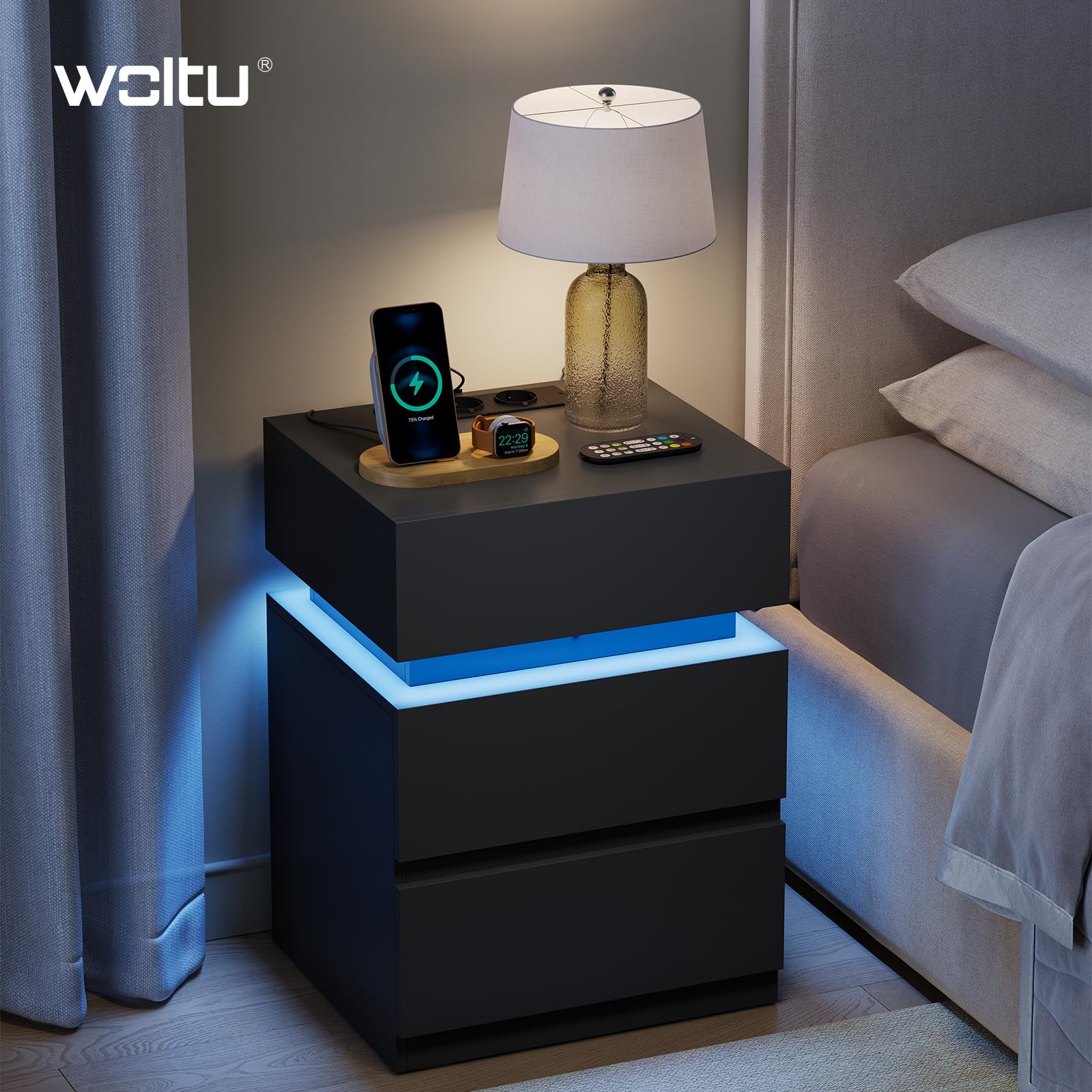 WOLTU Stolik nocny z funkcją ładowania, z 25 kolorowymi lampkami LED, 2 szuflady, 1 komora, druciana półka, stolik nocny w kolorze czarnym, 40x55x35 cm,NTS23sz
