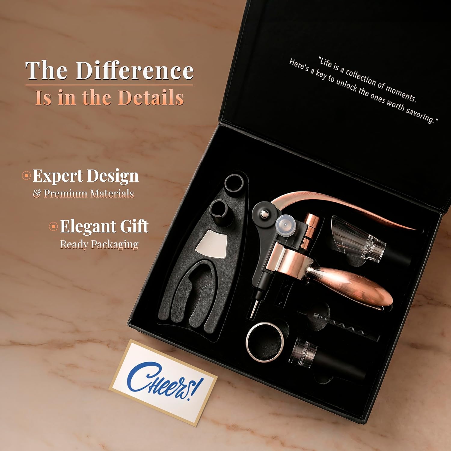 Complete Corkscrew Wine Opener Set With 7 Essential Accessories – Luxury Corkscrew Wine Opener Set for Effortless Uncorking & Wine Preservation – The most Elegant Wine Opener Gift Set (Luxe Bronze)
