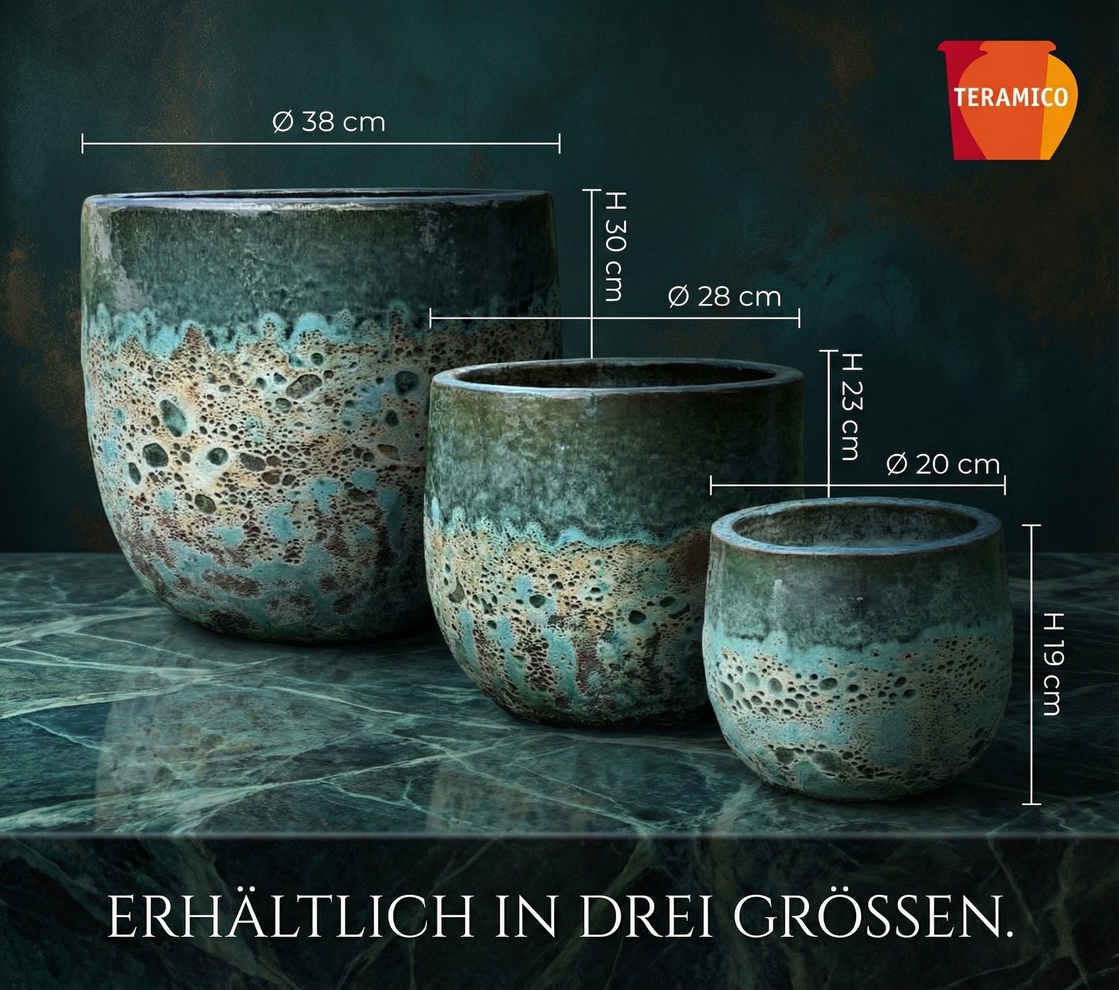 Teramico Vaso per piante in ceramica (verde/turchese) con foro di scarico, resistente al gelo, per interni ed esterni, smaltato strutturato, in gres porcellanato di alta qualità (38 cm x 30 cm)