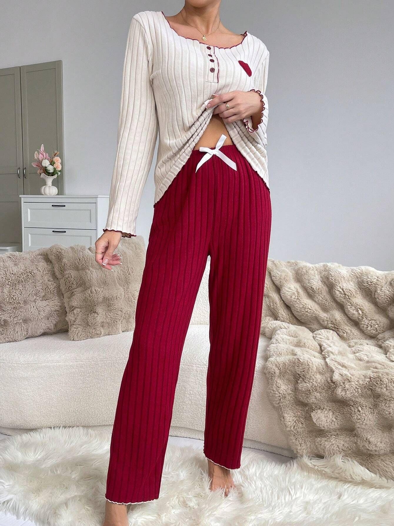 Women’s Long Sleeve Pajama Set, Soft Two Piece Sleepwear with Button Top and Red Pants for Home Relaxation