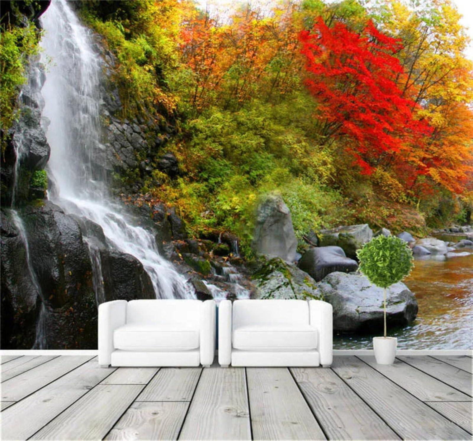 Tzxztt Beautiful Red Maple Leaves Landscape Waterfall River Modern 3D Wallpaper Premium Textured Silk Neutral Tones Material Ideal for Living Room Bedroom-430cm×300cm