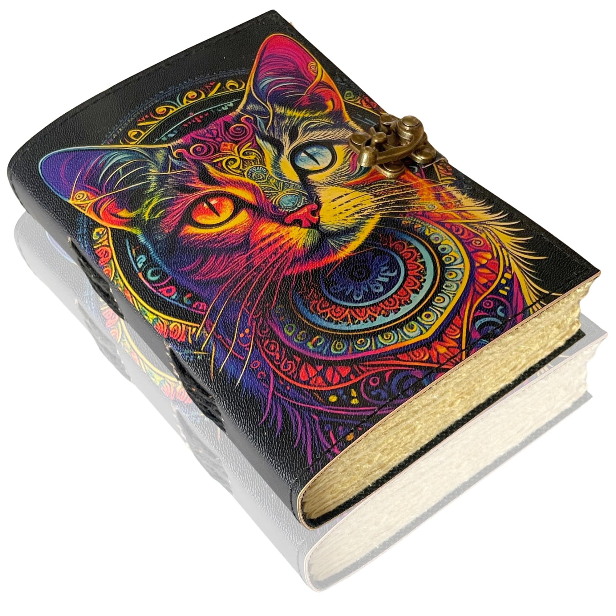Urban Leather 7 inch Cat Leather Journal UV Print, Handmade Multicolor Design Compact Travel Diary with Deckled 200 Pages, Book of Shadows, Drawing Sketchbook, Writing Notebook