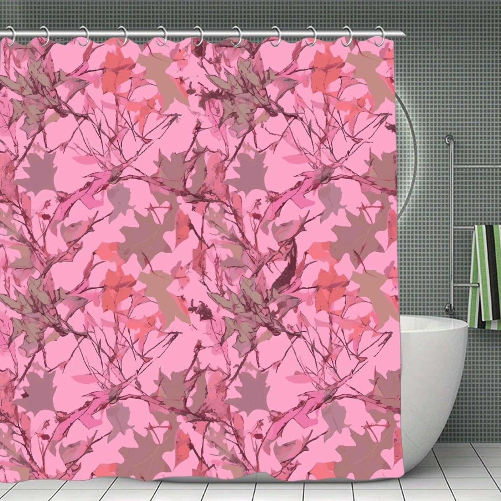 VstaDank Pink Leaves Camo Shower Curtain Light-Weight Blackout Bathroom Curtain Washable Shower Liner 71x71 Inch Bath Curtain with Metal Holes Bathtub Bath Room