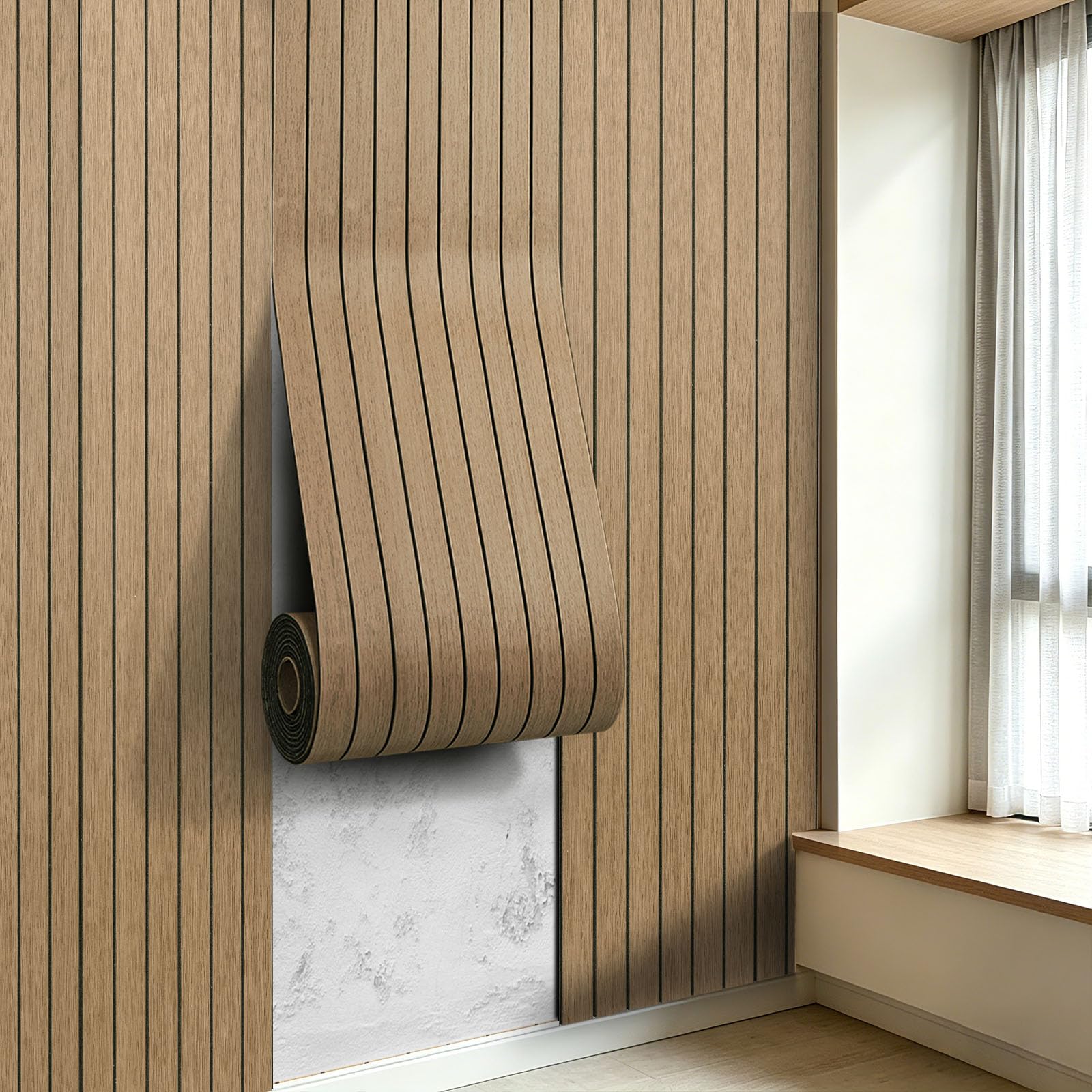 LOVADA 3D Peel and Stick Wall Panels PVC Grille Slat 120"x15.8" 310x40cm Self-Adhesive Wall Sticker Soundproof Paneling for Walls and Ceiling in Faux White Wood Grain Texture