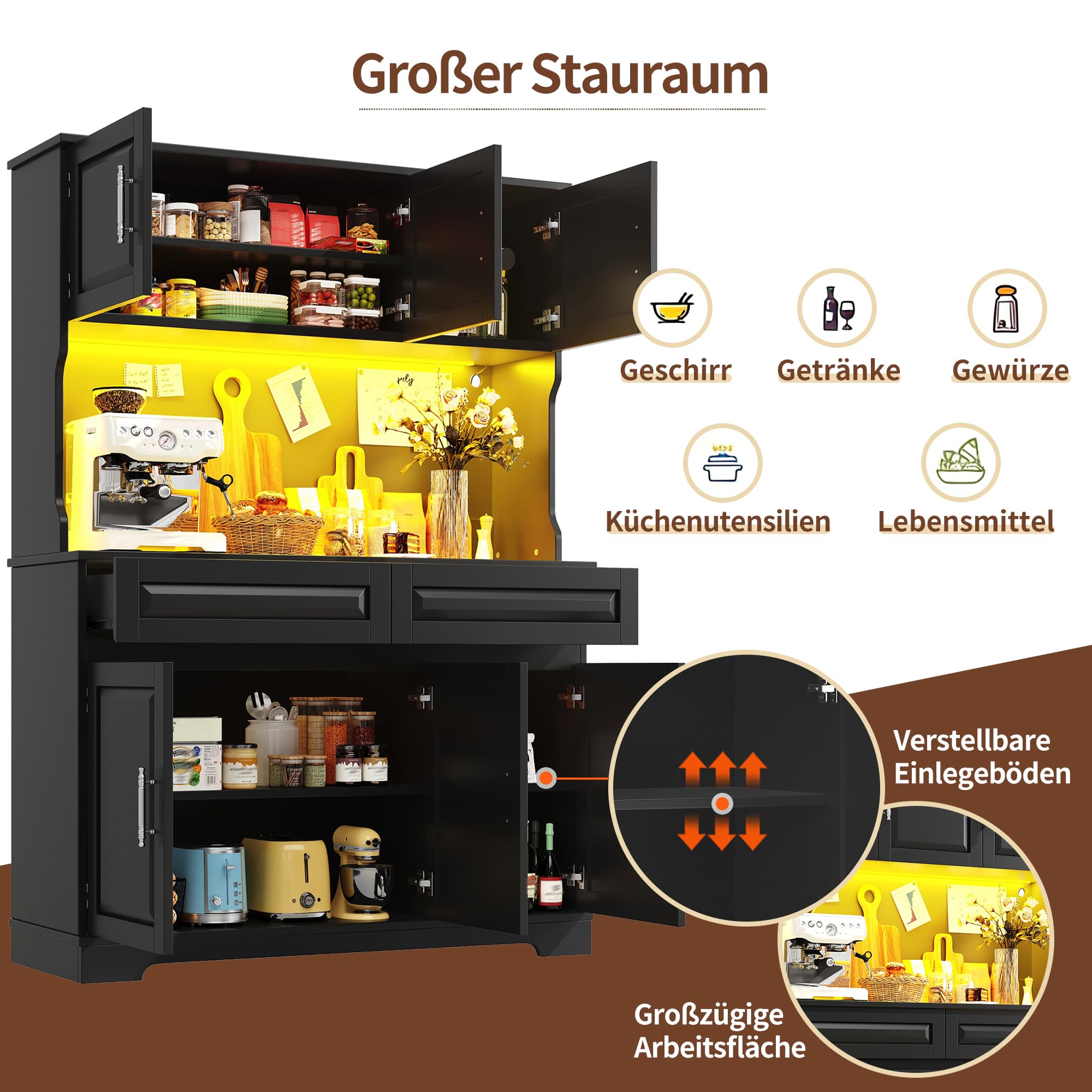 Küchenschrank mit LED-Beleuchtung und USB-Ladeanschluss, Hochschrank mit Verstellbare Einlegeböden und Aufbewahrungsschrank, Küchenschränke mit Schublade, Schwarz-A, 108x40x180 cm