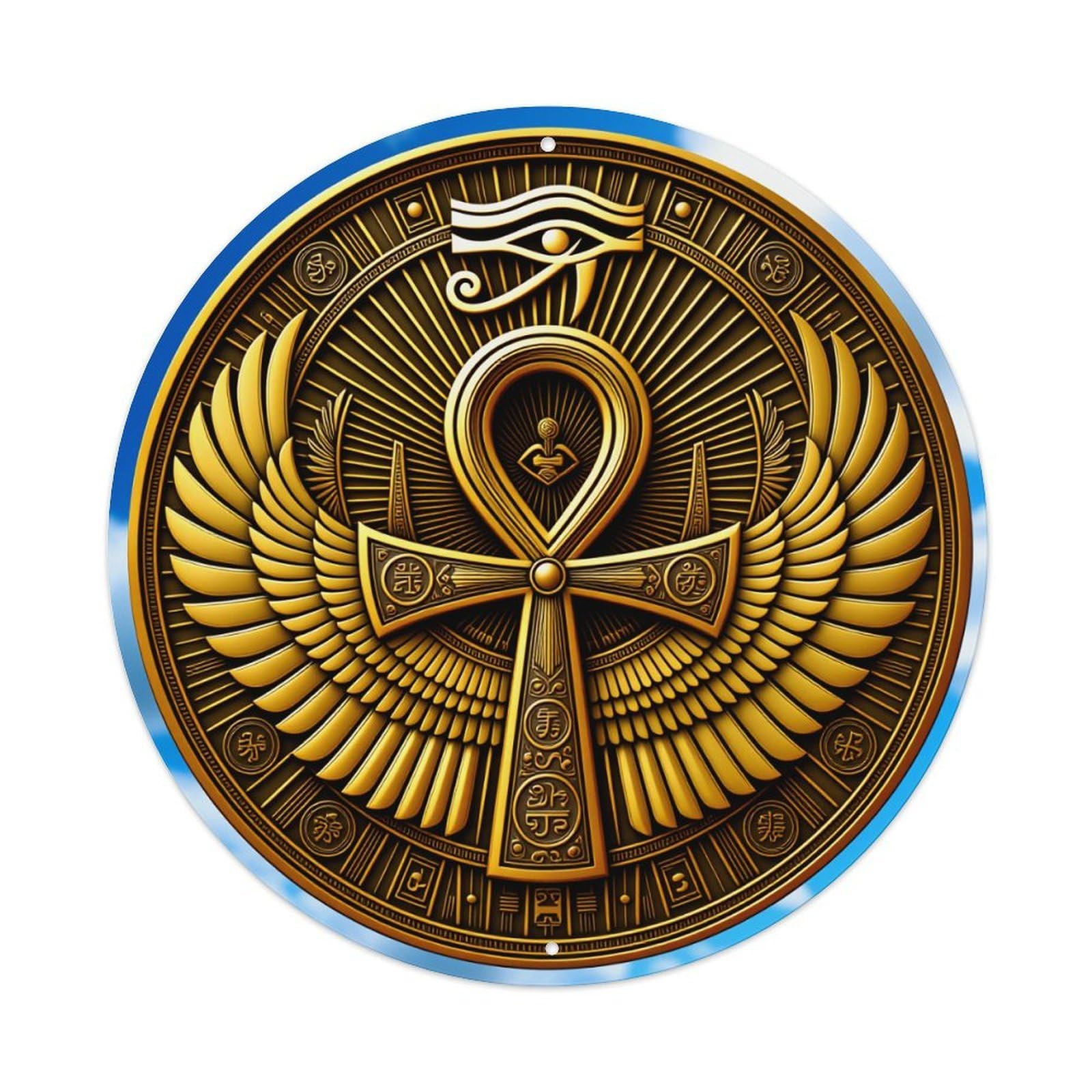 Golden Ankh Wings Eye Sun Round Tin Sign Vintage Style Metal Sign Home Bar Garden Wall Plaque Decor Metal Poster 8x8 Inch