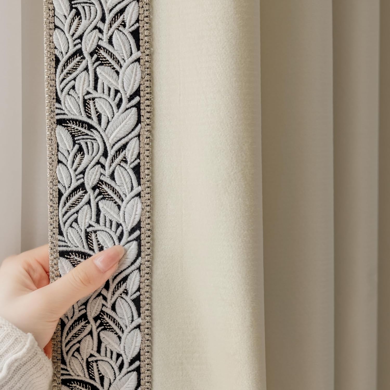 Beige Velvet Curtains with Black - White Embroidered Trim, Elegant Living Room Decor(White, 50" W x 108" L (Pack of 2))