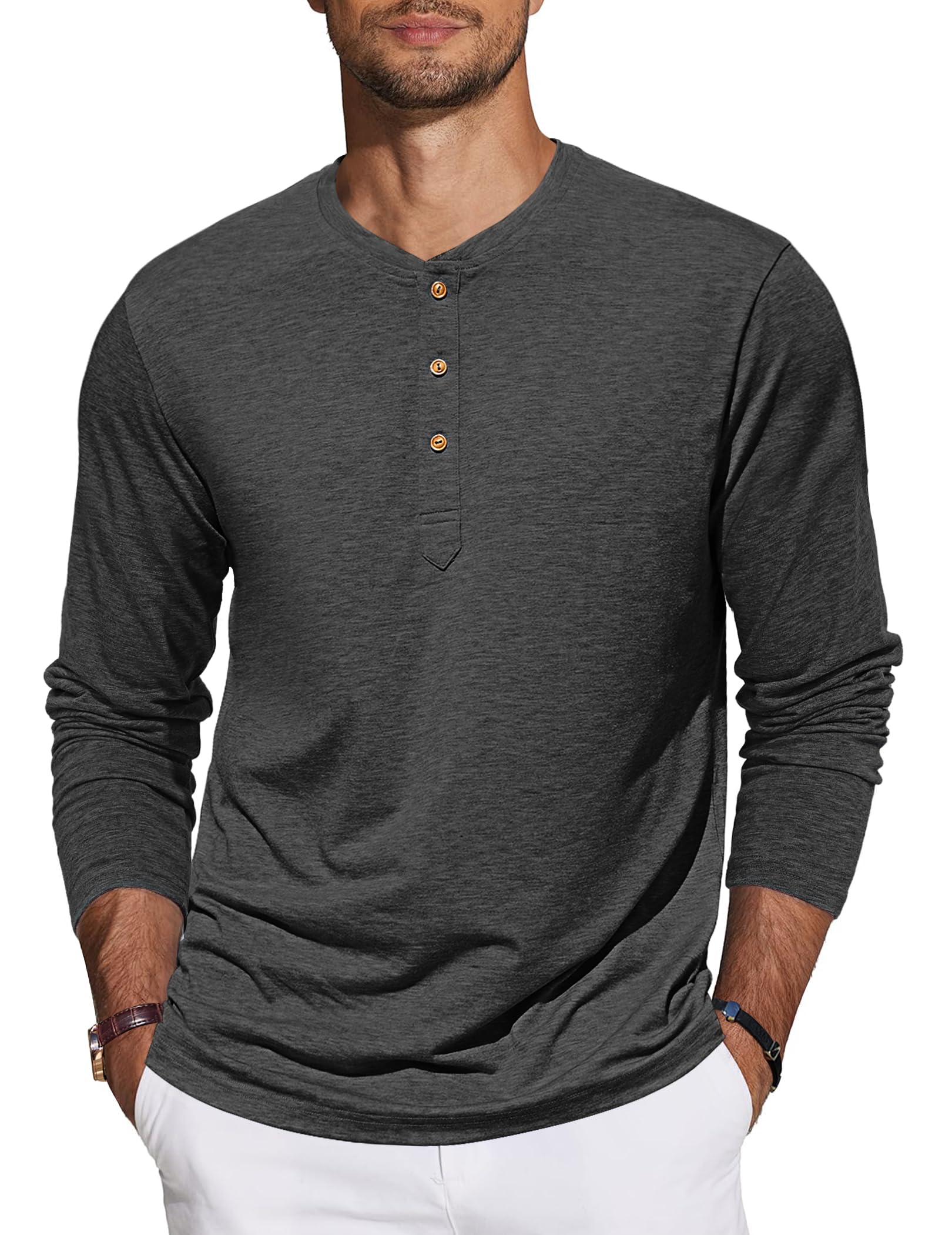 TARAINYA Henley Shirt Herren Langarm Baumwolle Longsleeve M-4XL | 95%Baumwolle 5%Spandex, Einfarbig, mit 3‑Knopfleiste, Regular‑Fit, All‑Season Freizeit‑Langarmshirt