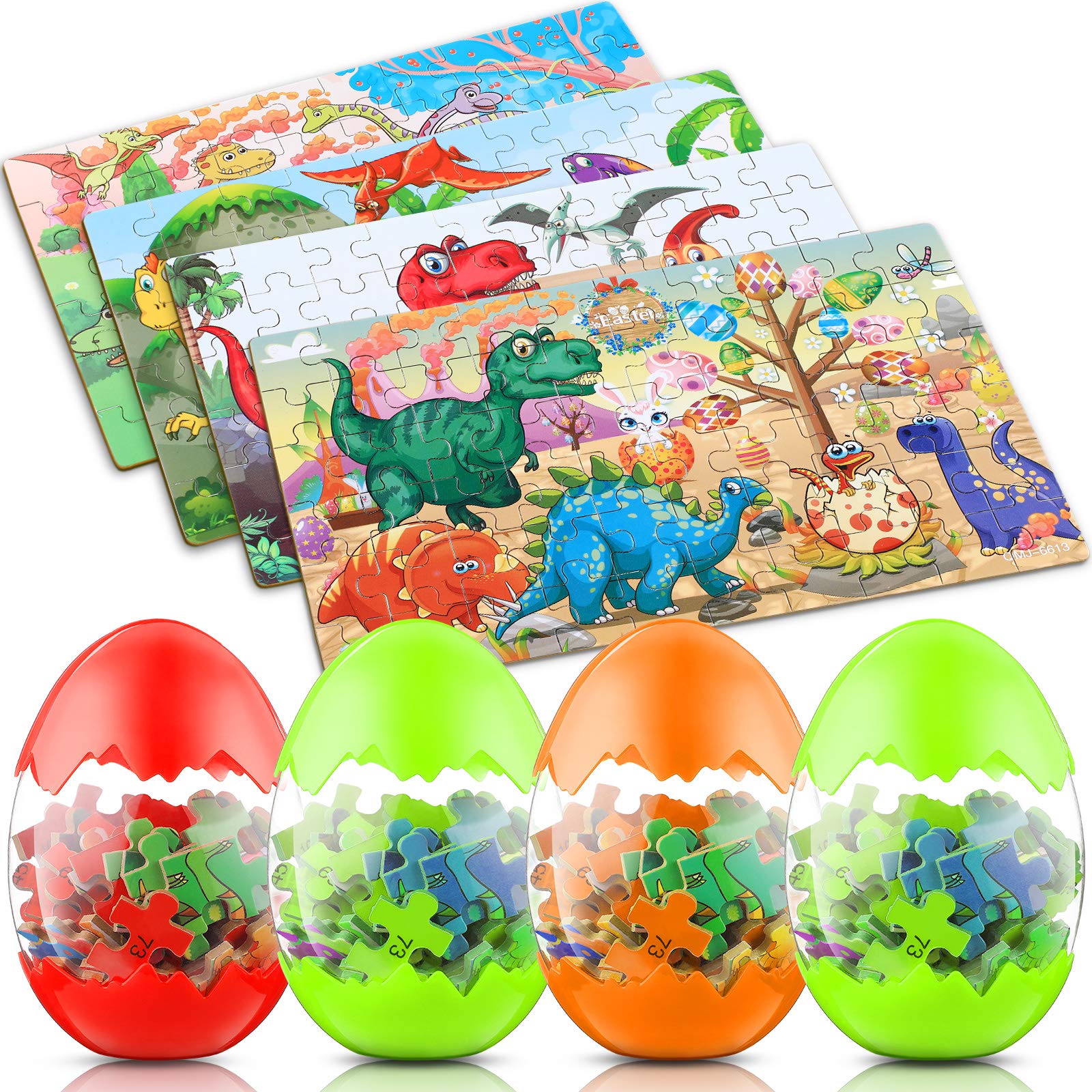 Photo 1 of 4 Pieces Wooden Puzzles Easter Eggs Puzzles Dinosaur Jigsaw Puzzle Toys Dino Eggs Educational Toys for Teen Dinosaur Party Christmas Stocking Stuffer Easter Basket Fillers (Cute Style)