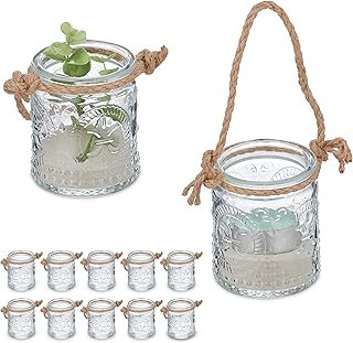 Relaxdays Windlicht, 12er Set, Glas mit Henkel, 7 x 6 cm, innen & außen, Hochzeit Teelichthalter, transparent/Natur