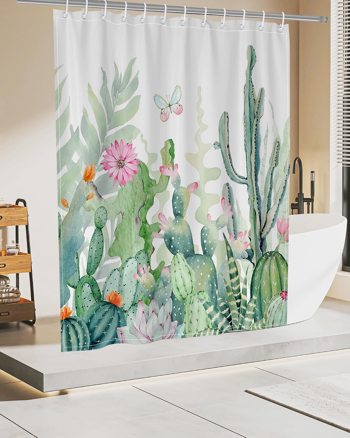 Lindameler Cactus Shower Curtain Tropical Plant Watercolor Shower Curtain Set Green Modern Fabric Bathroom Cutain Decor with 12 Hooks 72x72 Inches