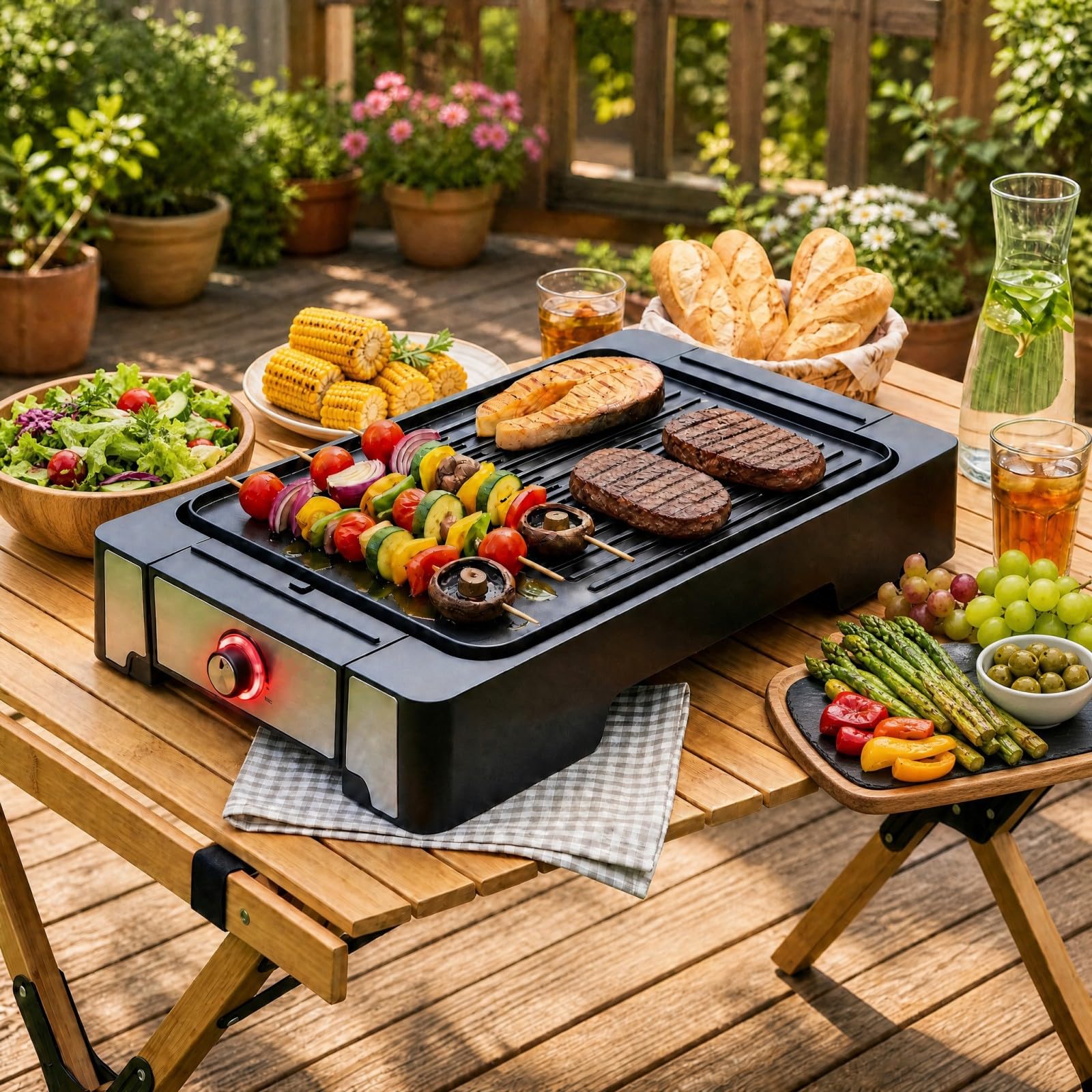 LIFEZEAL Griglia Elettrica 2300W, 2 Superfici di Cottura | Piastra Grill da Tavolo con Rivestimento Antiaderente, Pinza e Vassoio Raccogli-grasso Rimovibile, per Picnic e BBQ