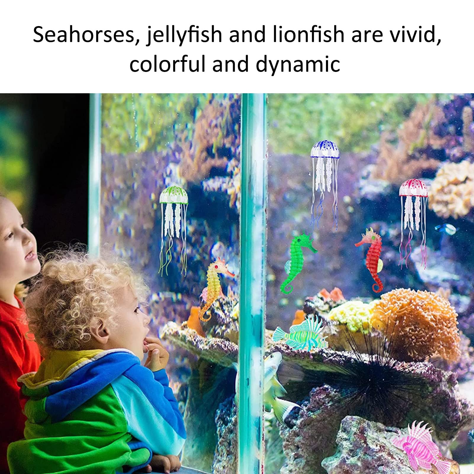 Pssopp 8Pcs Glow in the Dark Silicone Jellyfish and Seahorse Aquarium Decor Set for Fish Tank Decoration Ornament Luminous Artificial - Image 2