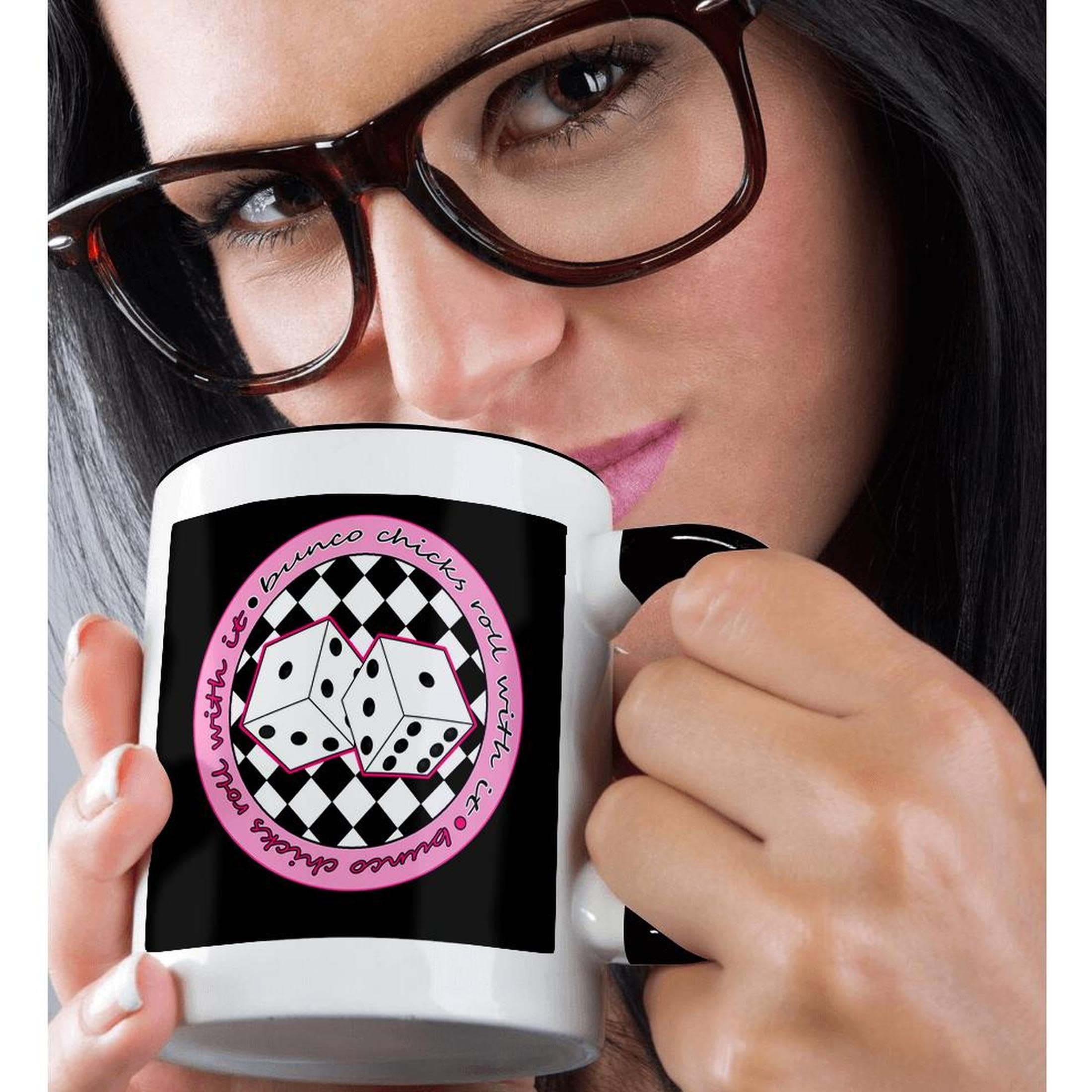 3dRose Bunco Chicks Roll with It Pink and Black Two Tone Black Mug, 11 oz, Black/White
