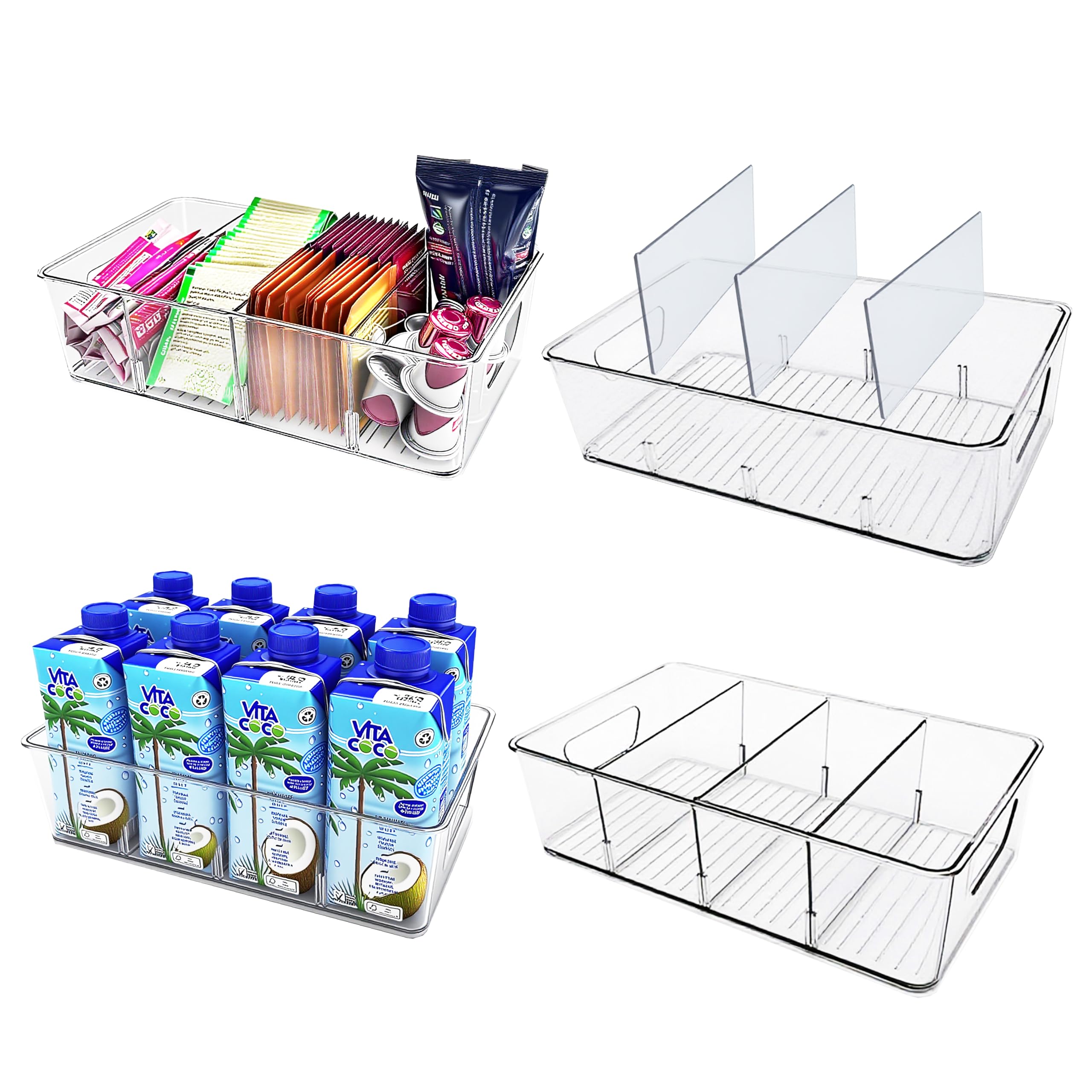 4-Pack Pantry Organizer Bins – Clear Storage Containers for Pantry, Kitchen, Fridge, Cabinet, or Shelf – Perfect for Snacks, Food, Drinks & Multi Purpose