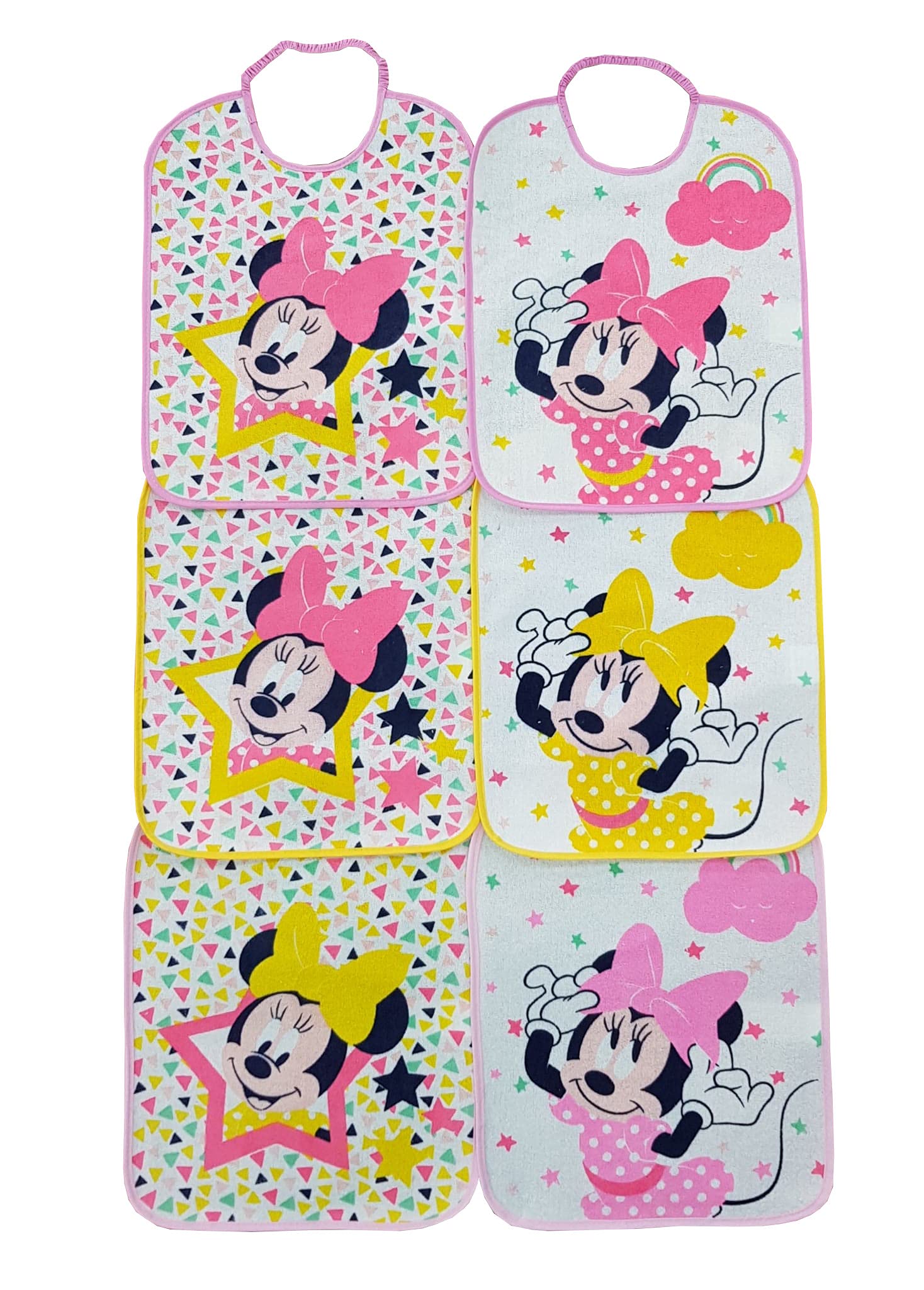 Lot de 6 grands bavoirs en éponge, personnages différents pour l'école maternelle en plastique avec élastique, modèles assortis pour fille 36,5 cm x 28 cm