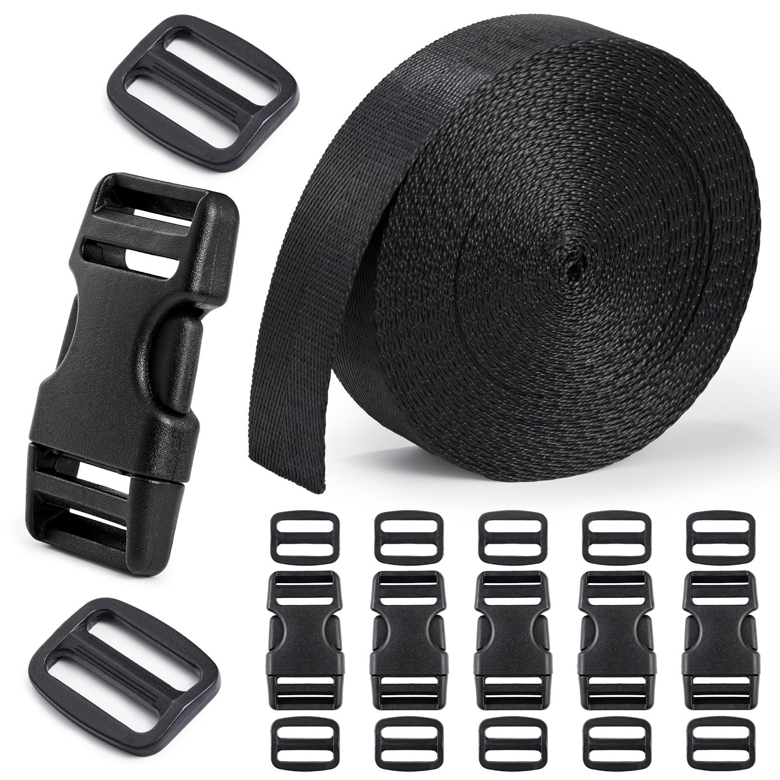 Buckles and Straps Set - 6Yards Nylon Webbing, 6pcs Release Buckles, 12pcs Tri-Glide Sliders for Backpack Strap