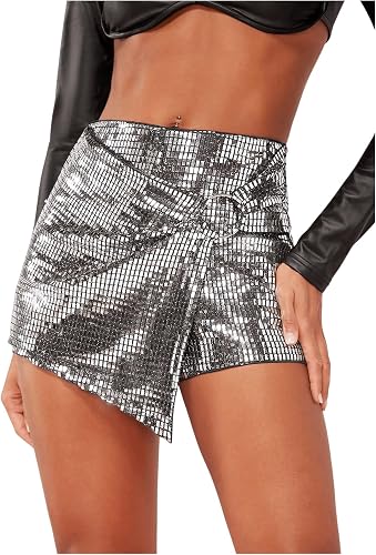 SHENHE Women's Glitter Shiny Shorts O Ring Wrap Skort Skirt Party Rave Sparkle S