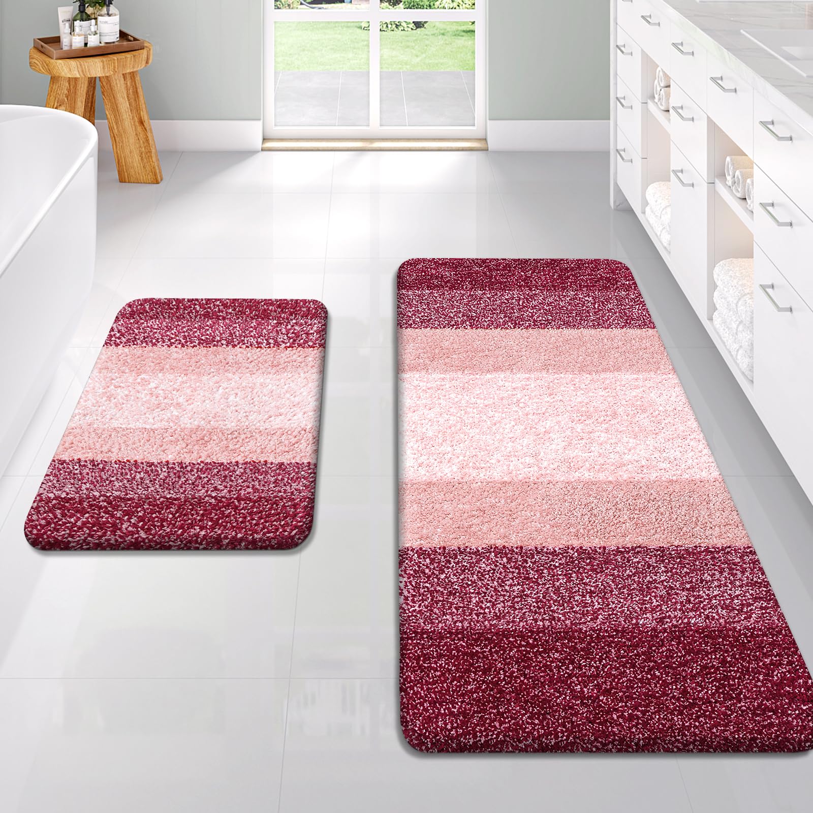 OLANLY Bathroom Rug Set 2 Piece, Soft Absorbent Microfiber Bath Rug Set, Non-Slip, Machine Wash Dry, Plush Shaggy Bath Mats for Bathroom (47"x20"+24"x16", Red)