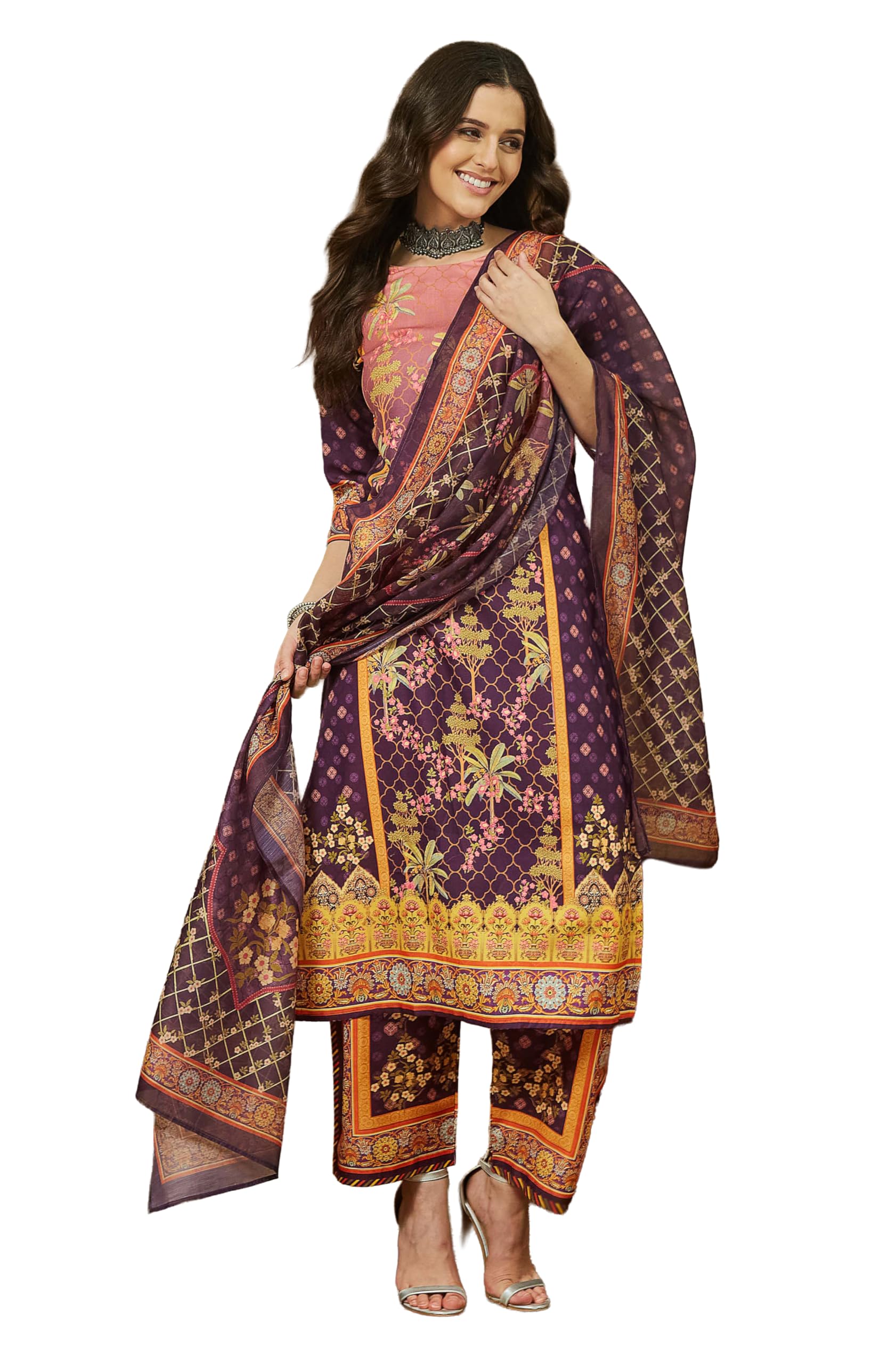 Women's Purple Cotton Blend Floral Printed Straight Kurta Set-image-33