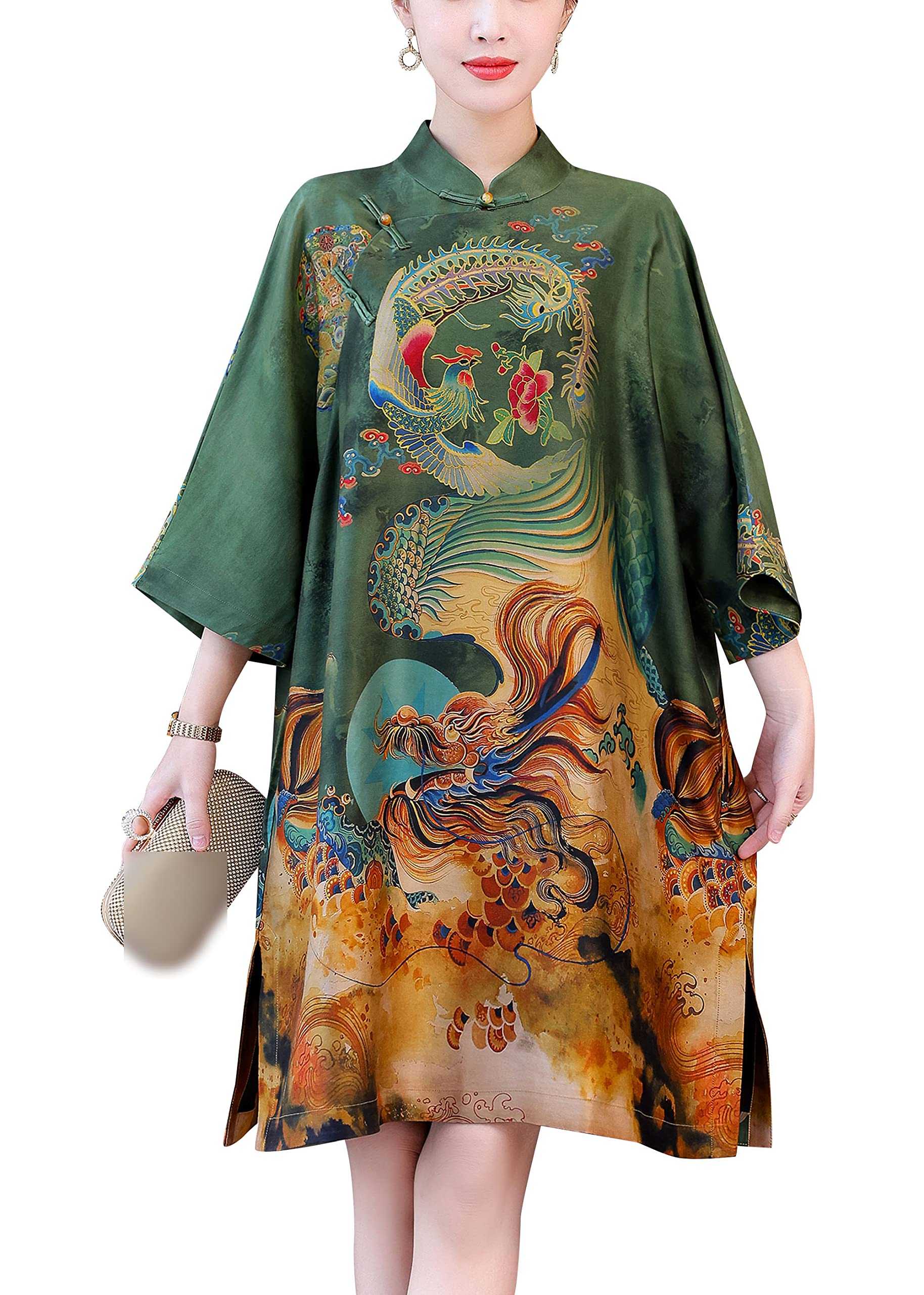 LAI MENG FIVE CATSVintage Women's Silk Satin Cheongsam Elegant Round Neck Casual Loose Mini Dress