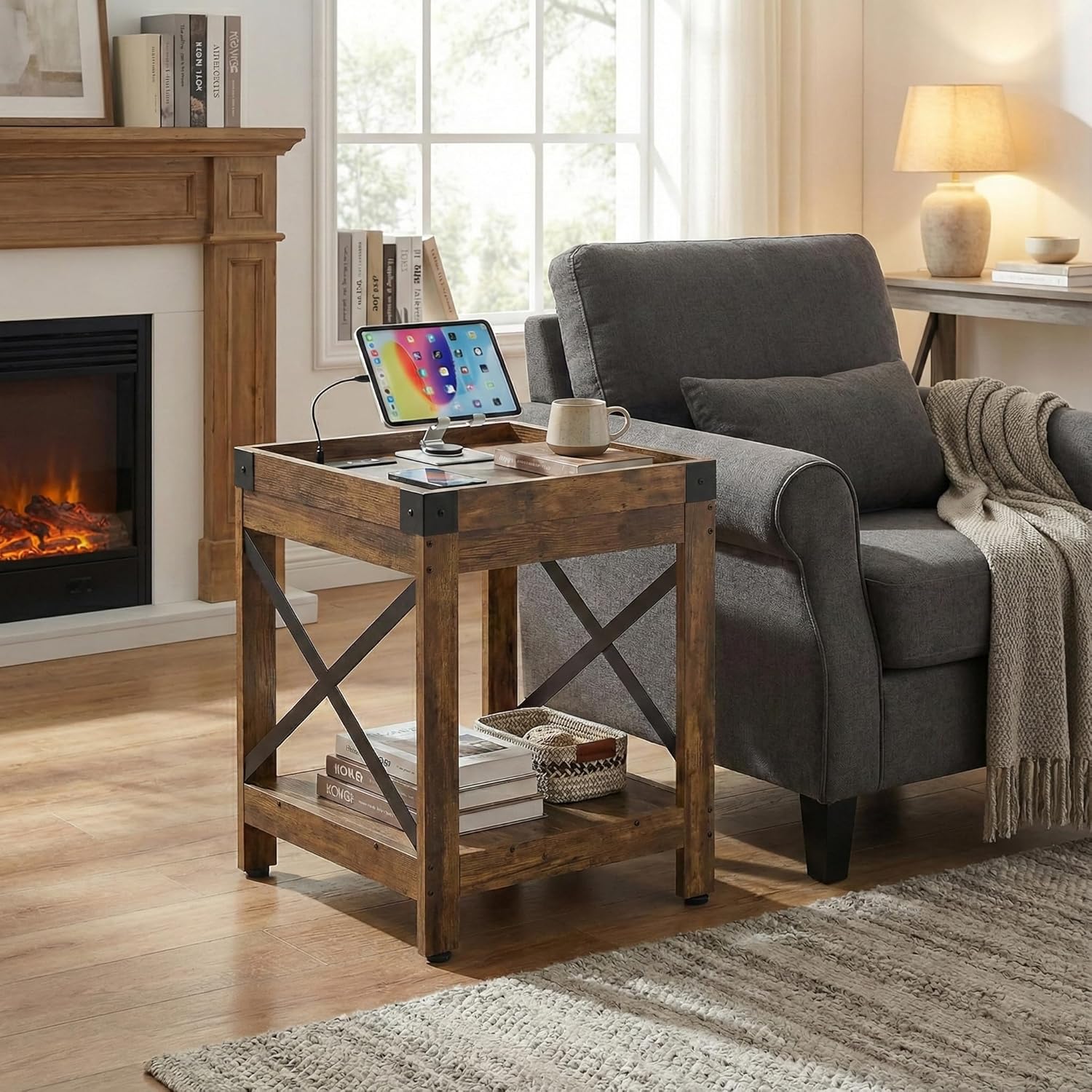 Farmhouse Side Table with Charging Station,Square End Table with 2-Tier Storage Shelf, Sofa Table With X-Metal Frame Industrial Coffee Table Nightstand for Living Room Bedroom Small Spaces,Brown