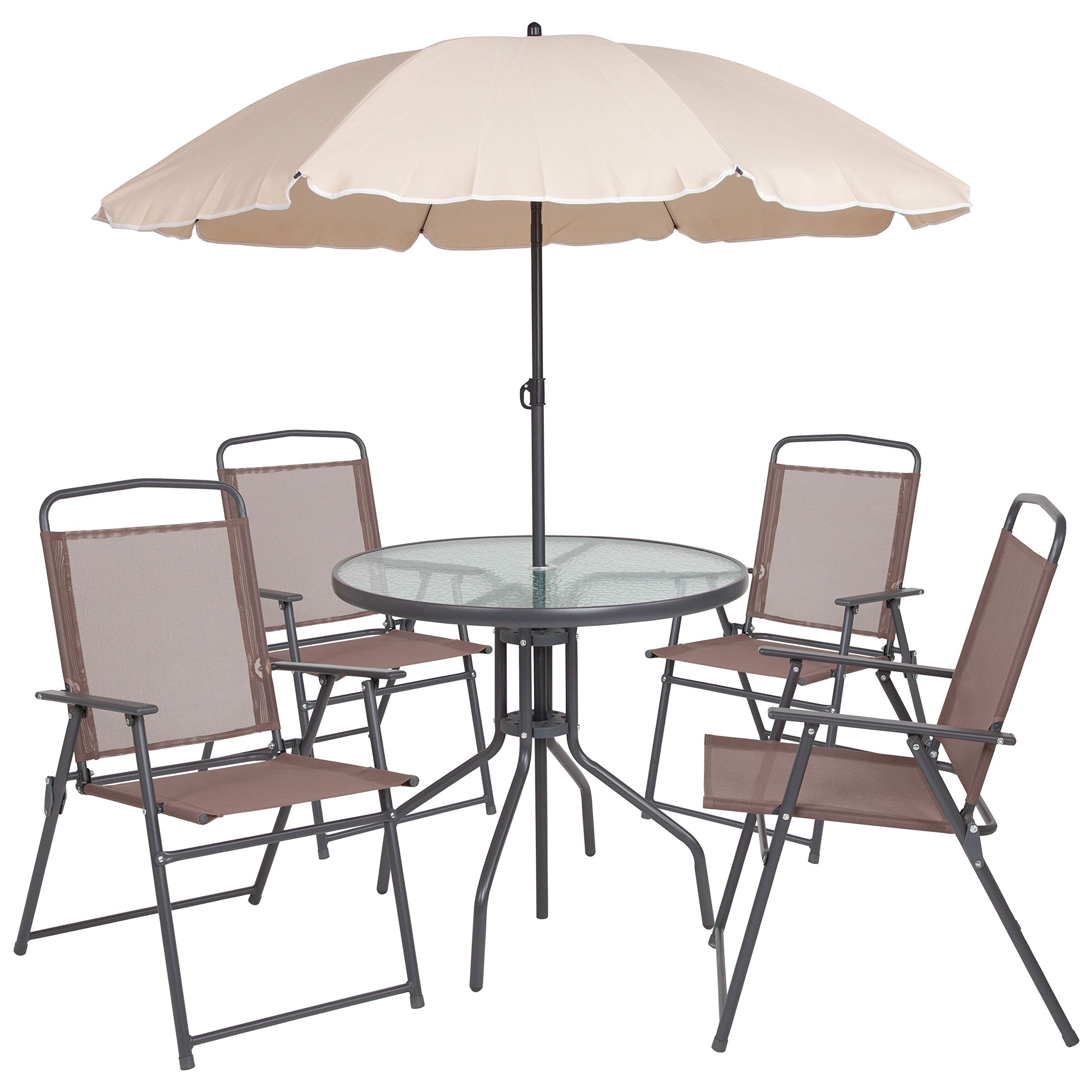 Amazon Com Flash Furniture Nantucket 6 Piece Brown Patio Garden Set With Table Tan Umbrella And 4 Folding Chairs Garden Outdoor