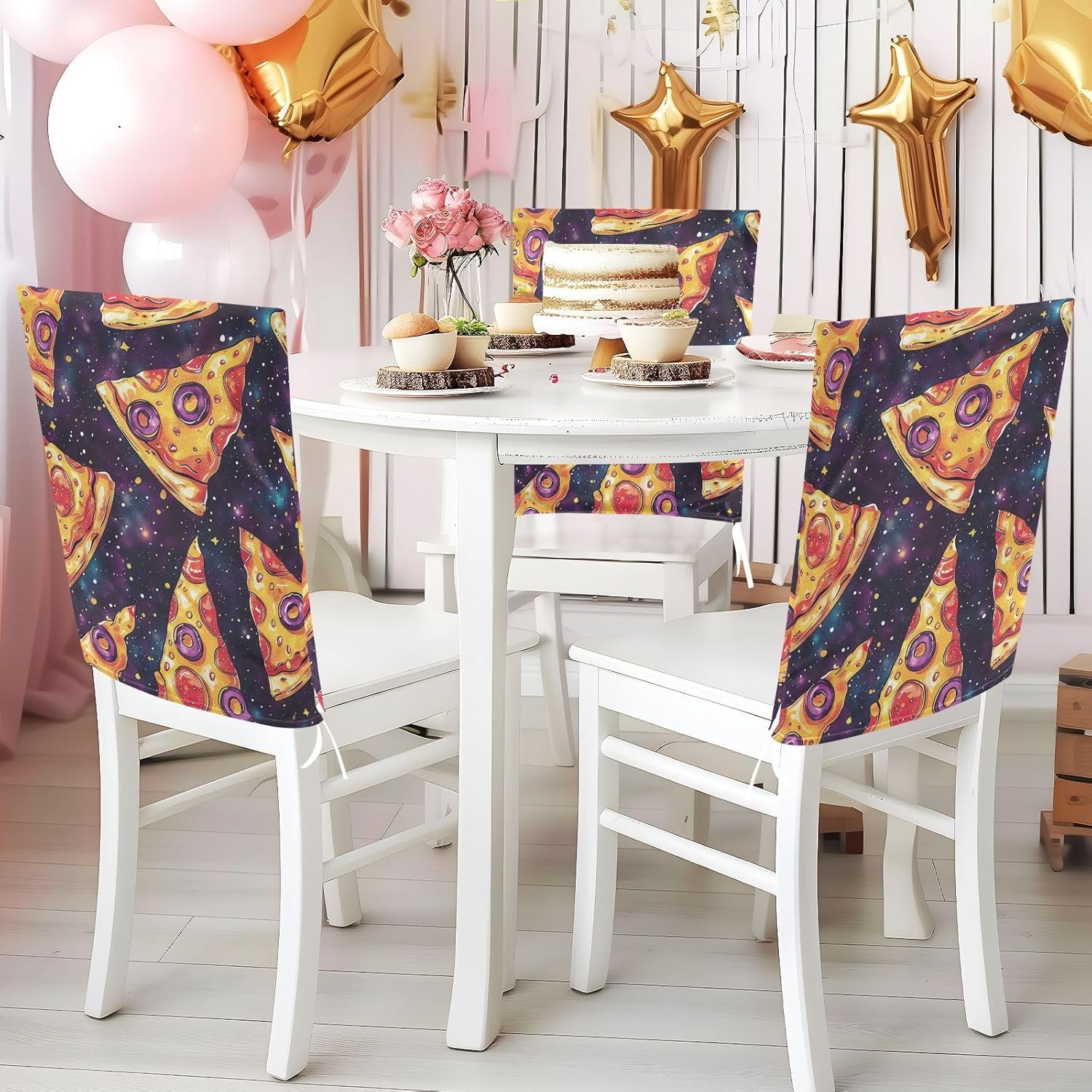 ALAZA Pizza Galaxy Chair Back Cover Set of 6, Washable Reusable Removable Chair Slipcovers Decorative Chair Cover for Home Kitchen Wedding Party