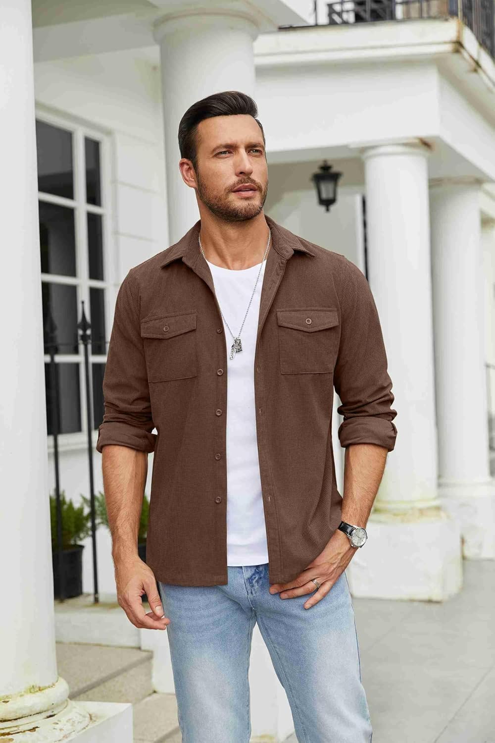 COOFANDY Men's Button Down Waffle Shirt Jacket Casual Long Sleeve Shacket Lightweight Overshirts with Flap Pockets - Image 2