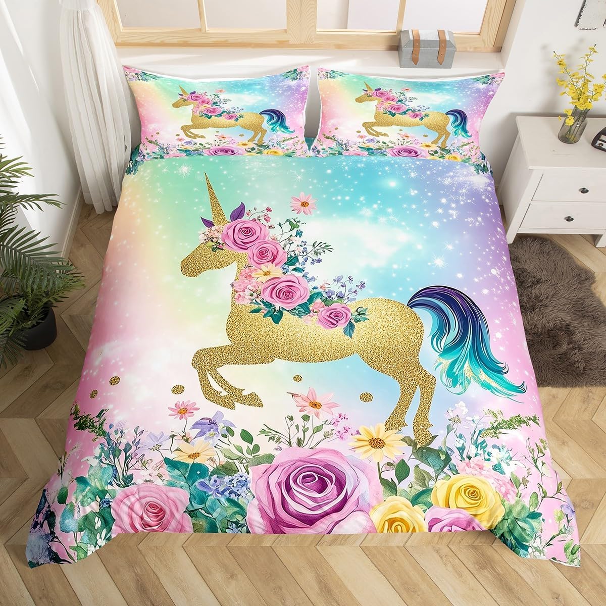 Gold Unicorn Duvet Cover Set Toddler Size,Colorful Flowers Bedding Set for Kids Boys Girls Room Decor,Rainbow Sky Comforter Cover,Cute Unicorn Quilt Cover with 1 Pillowcase(No Comforter)