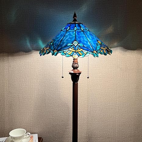 COTOSS Tiffany Floor Lamp for Living Room,Blue Stained Glass Lamp Shade,Antique Style Tall Standing Floor Light for Reading photo 2