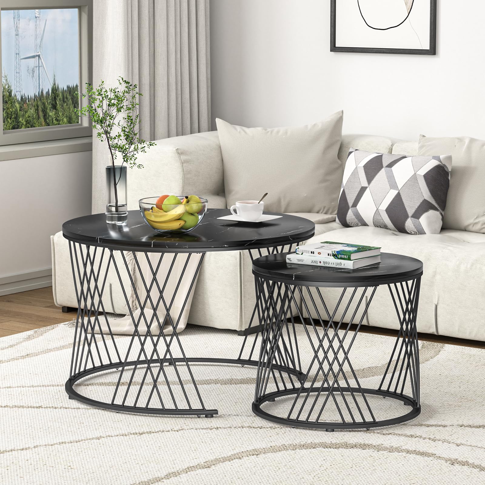Juego de 2 mesas de Centro Redondas Nido 70/40 cm - Negro con Estructura de Metal Dorado, multifuncionales para salón, Dormitorio, Oficina o apartamento