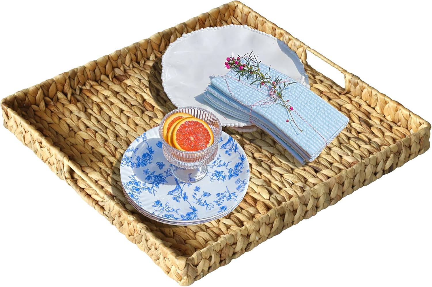 Extra Large Square Ottoman Table Tray 19.7" with Handles - Water Hyacinth Wicker Serving Tray for Farmhouse Decorative Oversized Coffee Table Trays Living Room Kitchen Counter Breakfast (Flush Edge)