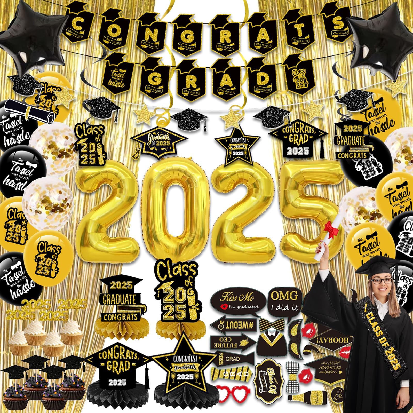 Graduation Decorations 2025-Black and Gold Graduation Party Decorations Class of 2025 with Banner, Balloons, Centerpieces, Cupcake Topper, Fringe Curtains, Hanging Swirls, Photo Props, Sash